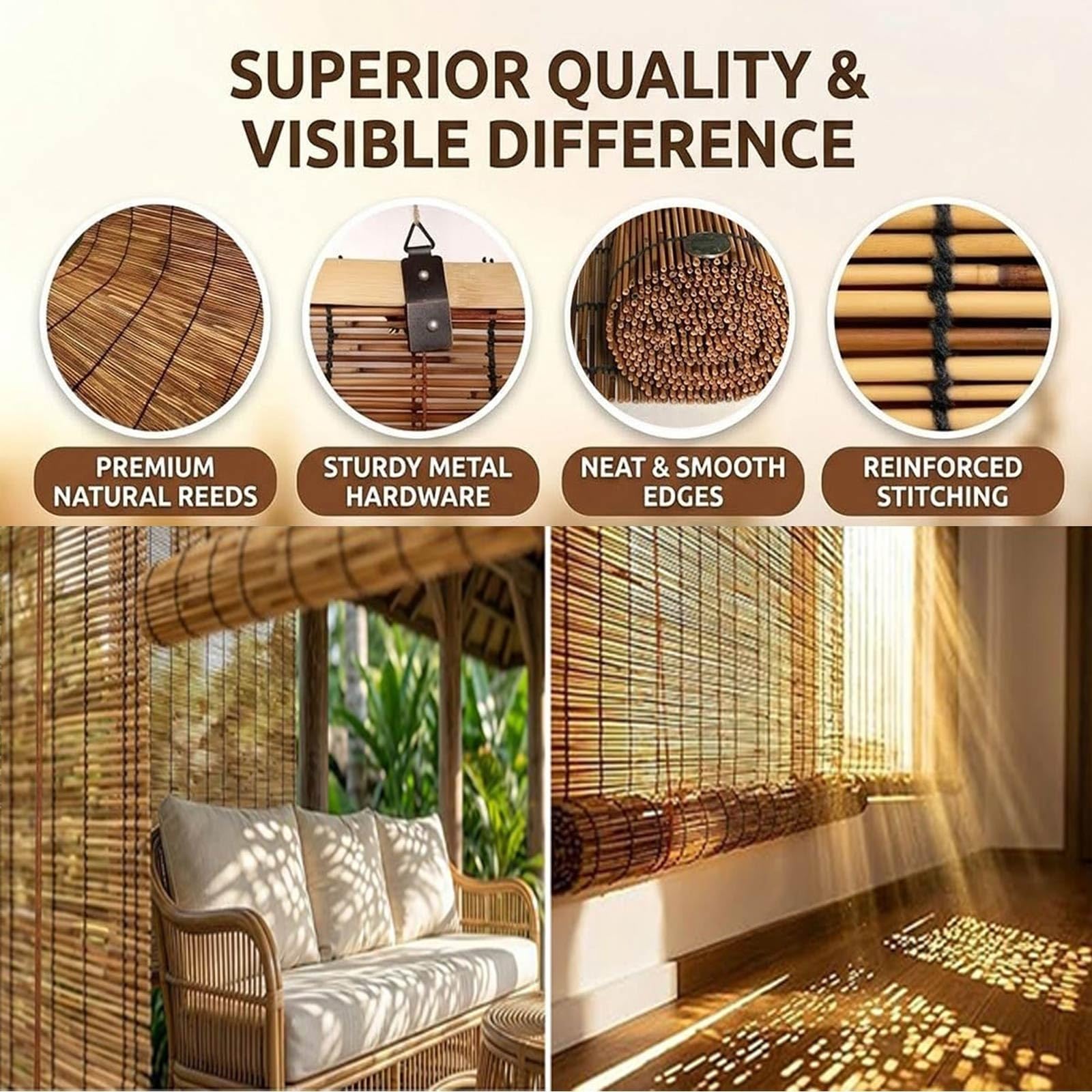 Store Bambou Extérieur pour Terrasse et Balcon, Store Enrouleur en Roseau Naturel, Brise Vue pour Pergola, Véranda et Jardin, Store Décoratif Filtrant la Lumière(W130 x H200 cm)