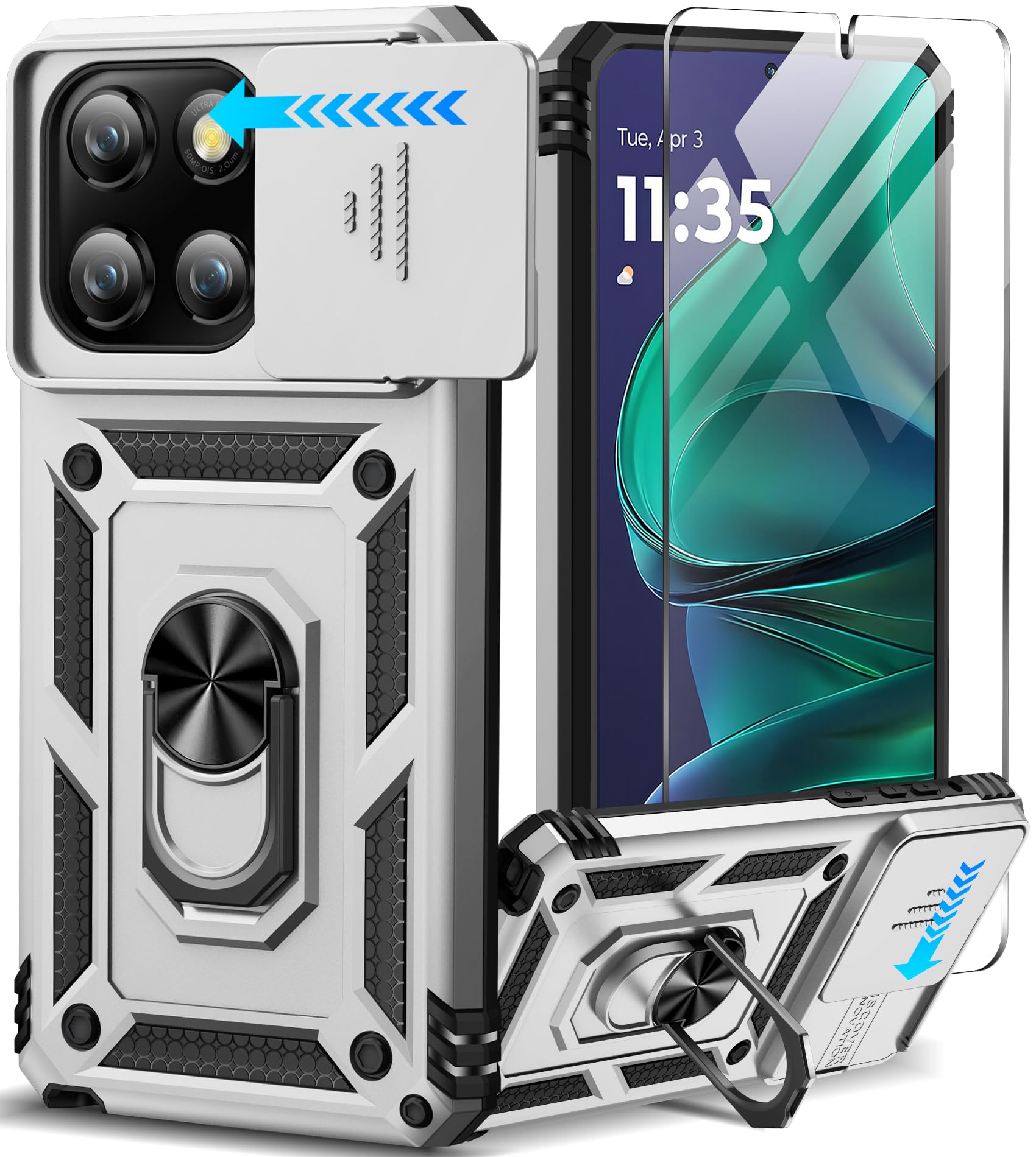 Taisairu for Motorola Moto G Stylus 2025 Case with Screen Protector & Slide Camera Lens Cover, Built-in Ring Stand Shockproof Protective Phone Case