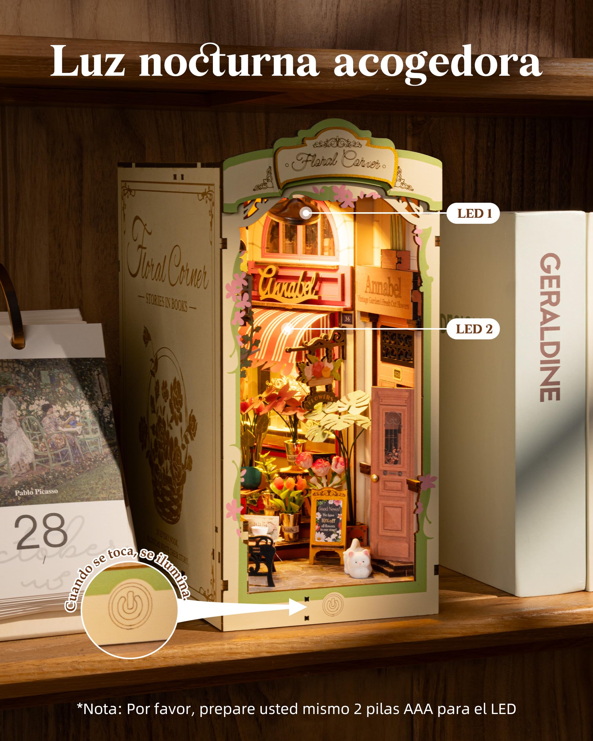 Rolife Book Nook Kit Casas Miniaturas para Montar Floral Corner Puzzle Madera 3D Adultos con Luces Decoracion Hogar Libro Maquetas para Construir Adultos Regalo para Profesora Madre Niños TGB09