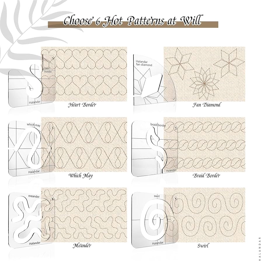 Amazon.com: Halandar 6 Pcs Free Motion Quilting Template Series with 1 Quilting Frame 1 Ruler Foot 15 Non-Slip Mats 1 Instruction, 3mm Acrylic Templates for DIY Quilting Tool on Sewing Machine Ruler : amazon-com-halandar-6-pcs-free-motion-quilting-template-series-with-1-quilting-frame-1-ruler-foot-15-non-slip-mats-1-instruction-3mm-acrylic-templates-for-diy-quilting-tool-on-sewing-machine-ruler