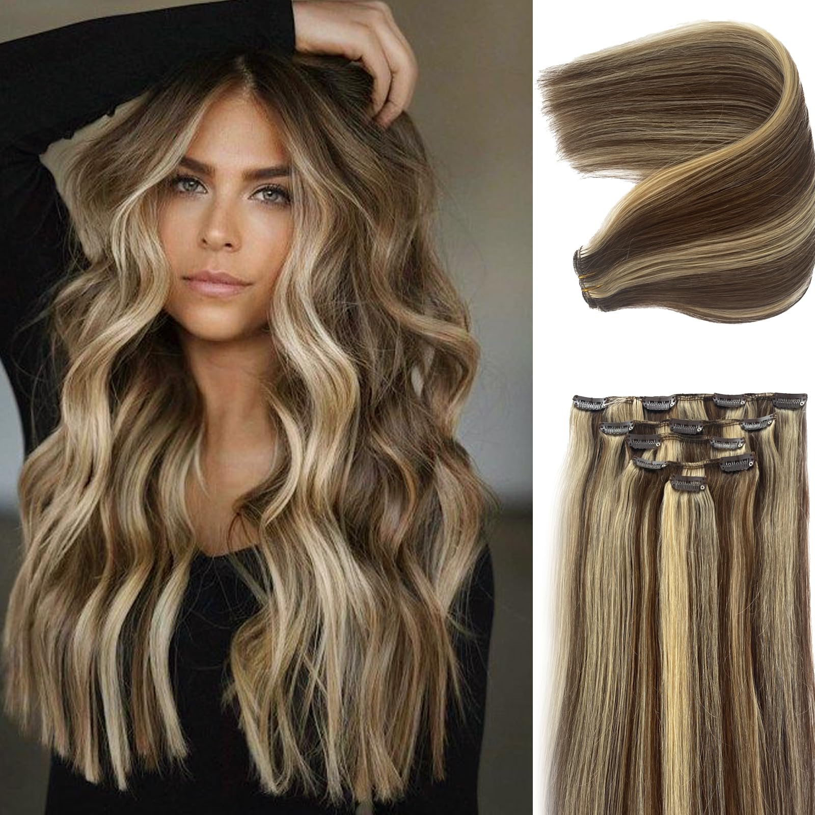 Brown mixed Blonde Human Hair Extension OiMiGO Highlight Clip in Hair Extensions Double Weft Handmade Straight Hair 5pcs 70g 100% Brazilian Virgin