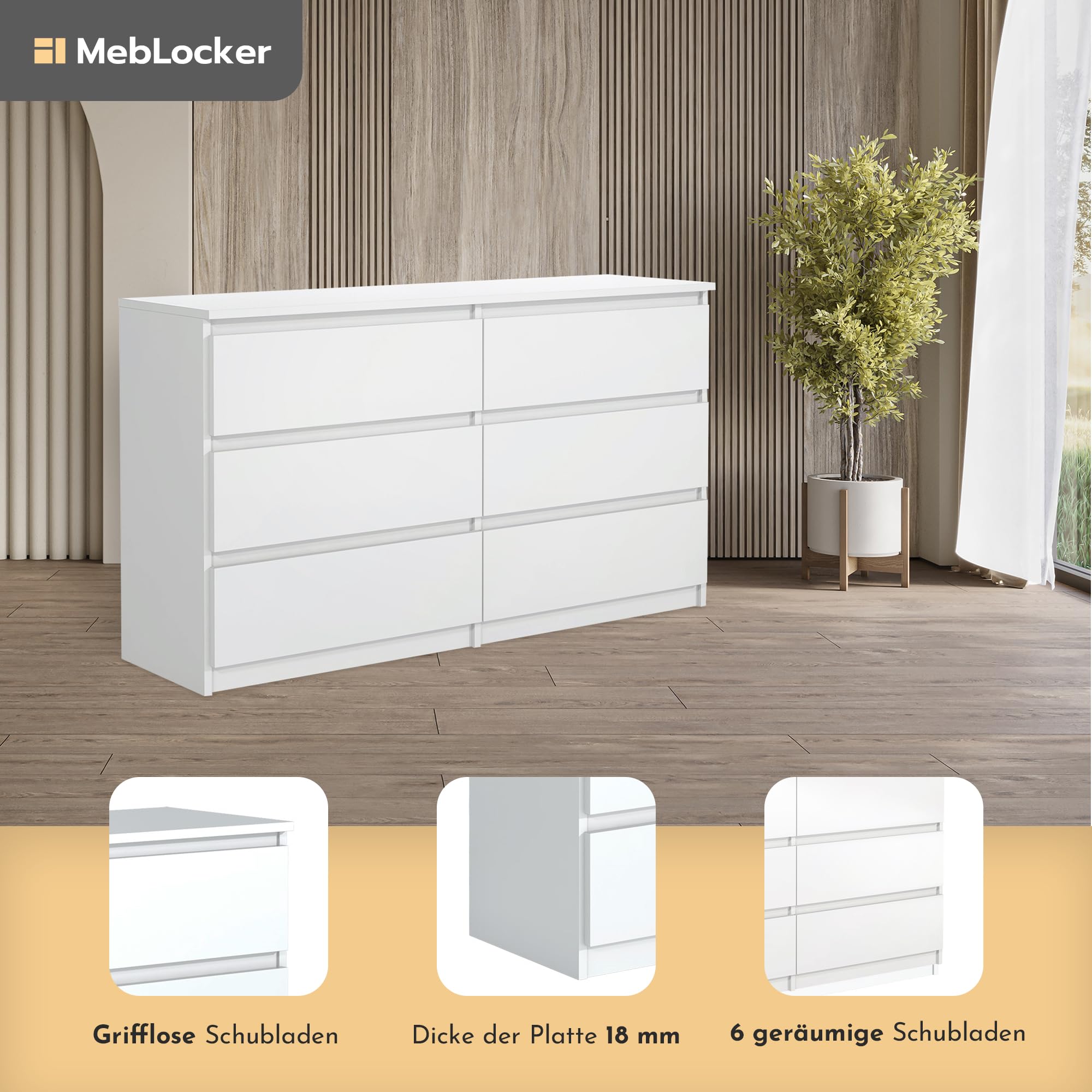 MebLocker Kommode met 6 laden 120 cm Ideaal voor woonkamer, slaapkamer