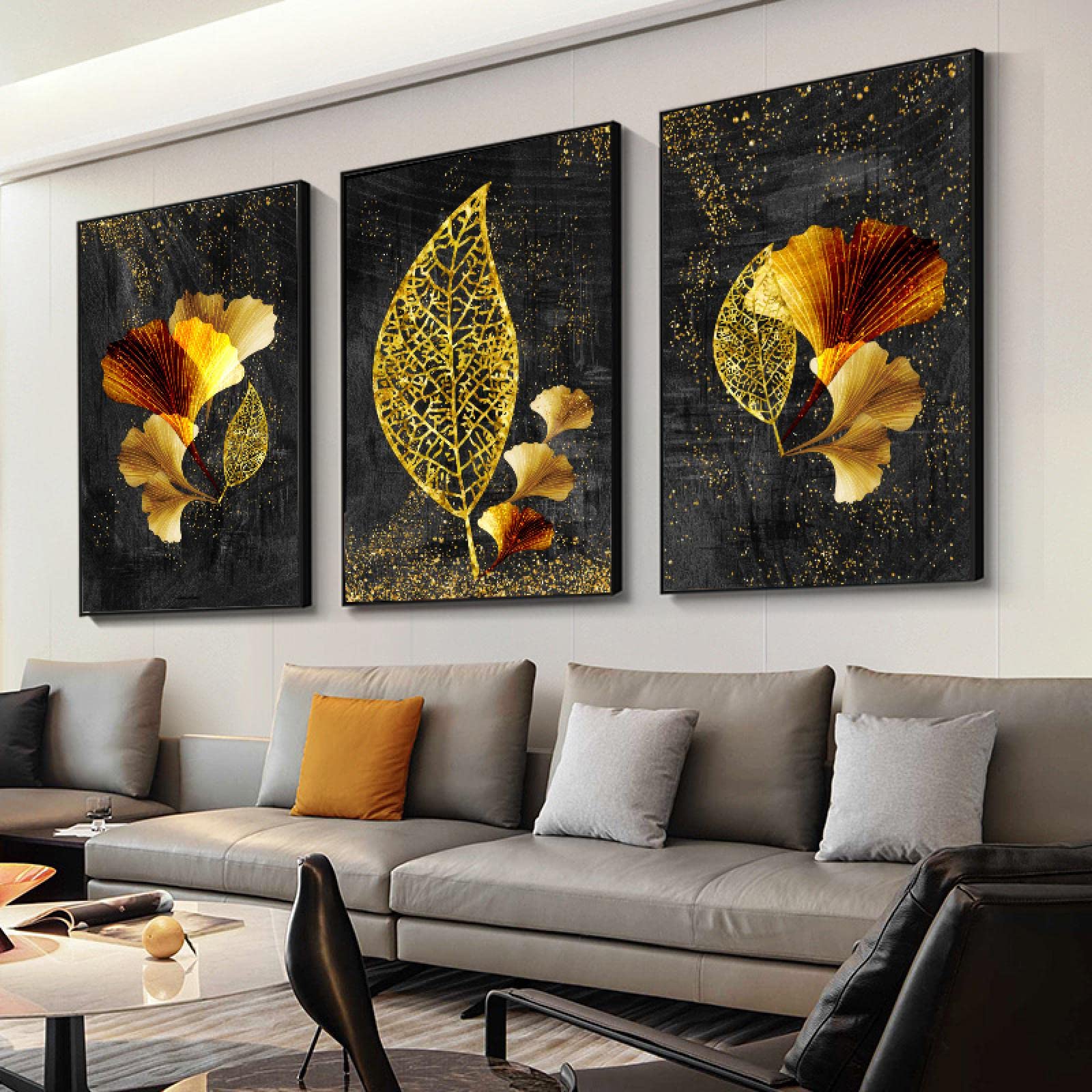 Toile Abstrait Golden Leaves Salon Mur Vide Déco Triptyque 60x80cm - 8