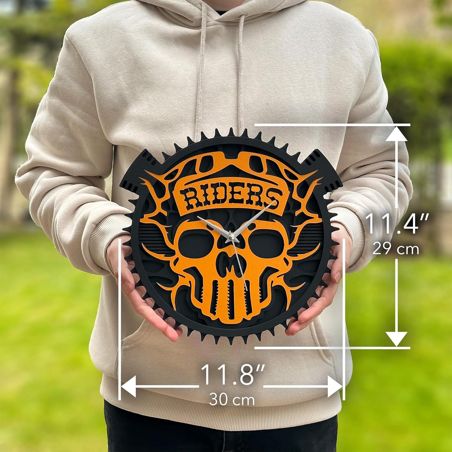 goodtime 11.4 Inch Motorcycle Skull Wall Clock Battery Operated Silent Non Ticking Gothic Inspired Design for Any Room Analog Skull Wall Clock for Gift Decor Black & Orange Color