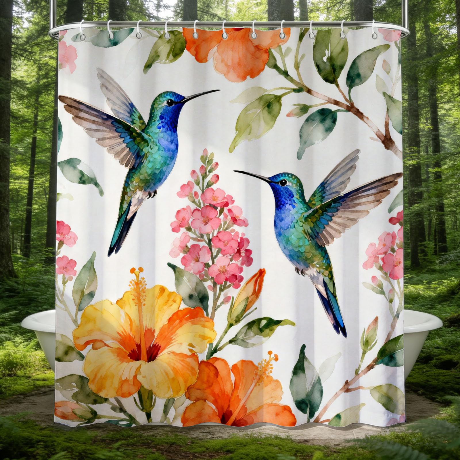 Hongduo 3D Watercolor Hummingbird Shower Curtain for Stalls Bathtubs Watercoloring Bathroom Decor Shower Curtain Set Polyester Fabric Waterproof 180x200cm/71X79 Inch with Hooks