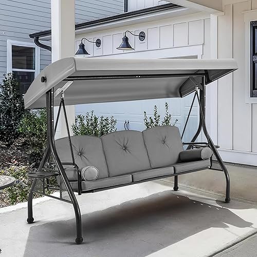 Miniatura 4 de HOMREST Columpio para porche al aire libre de 3 asientos con soporte para tazas de 1.5 pulgadas de profundidad, toldo ajustable, columpio de patio