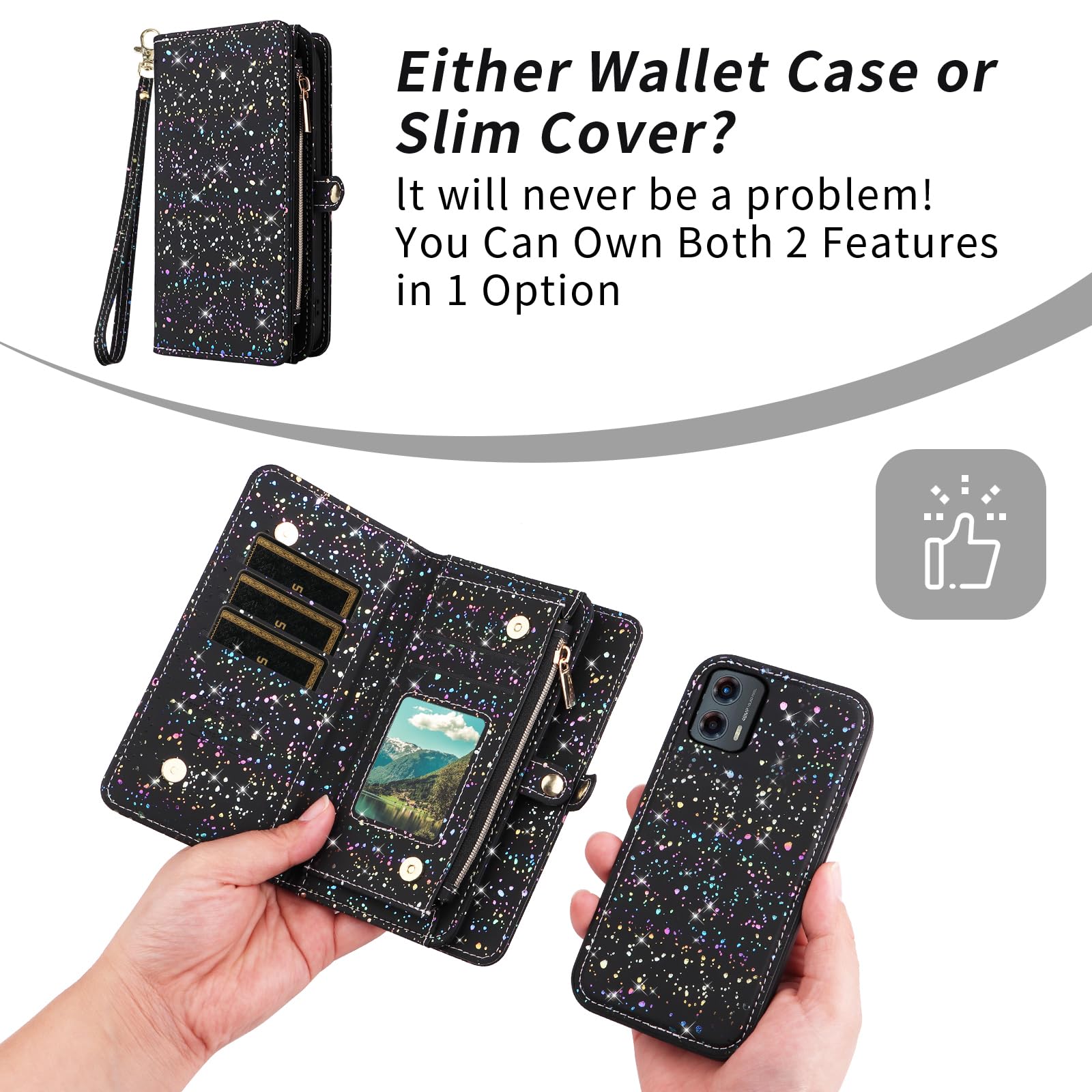 Asuwish Custodia per telefono per Motorola Moto G 5G 2023 Portafoglio con cerniera magnetica rimovibile con pellicola protettiva in vetro temperato e supporto per carte glitterate, accessori per