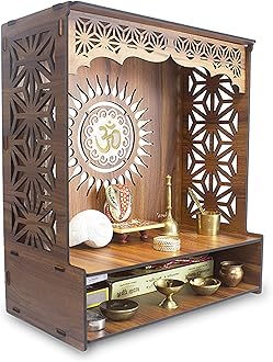 Heartily® Shree Beautiful Wooden Pooja Stand for Home Mandir for Home Temple for Home and Office Puja Mandir for Home and Office Wall with LED Spot Light Product (H- 18, L- 16, W-8.75 Inch)