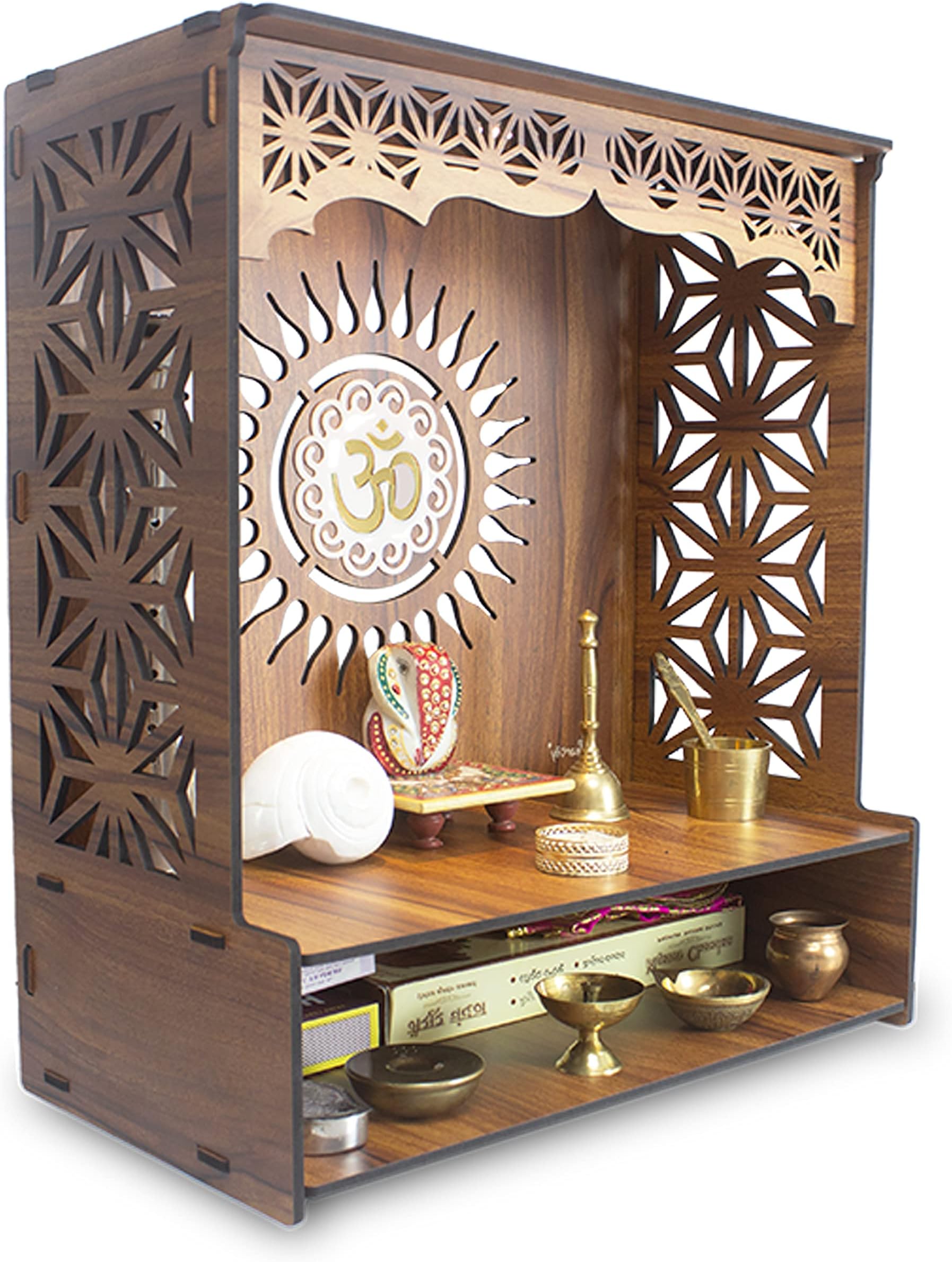 Heartily® Shree Beautiful Wooden Pooja Stand for Home Mandir for Home Temple for Home and Office Puja Mandir for Home and Office Wall with LED Spot Light Product (H- 18, L- 16, W-8.75 Inch)