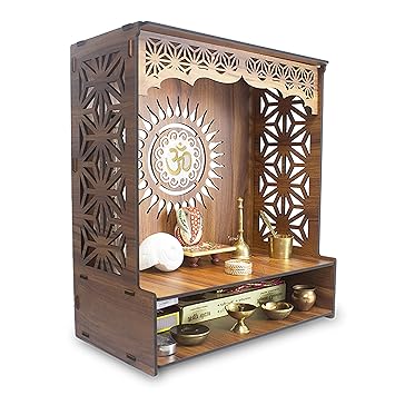 Heartily Shree Beautiful Wooden Pooja Stand for Home Mandir for Home Temple for Home and Office Puja Mandir for Home and Office Wall with LED Spot Light Product (H- 18, L- 16, W-8.75 Inch)
