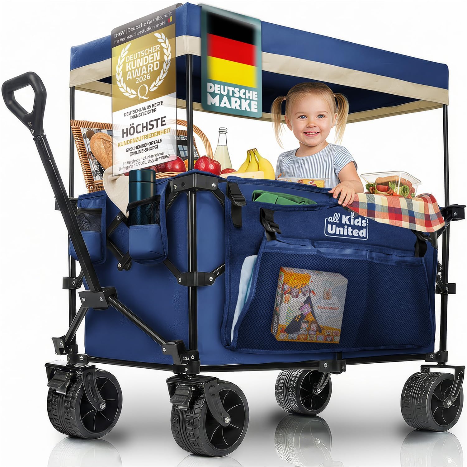 Chariot à Main de Transport Pliable; Buggy de Plage jusqu'à 90 L et 150 kg ; Roues XXL avec Frein ; Chariot de Camping pour Le Jardin et l'extérieur ; poignée réglable (Bleu)