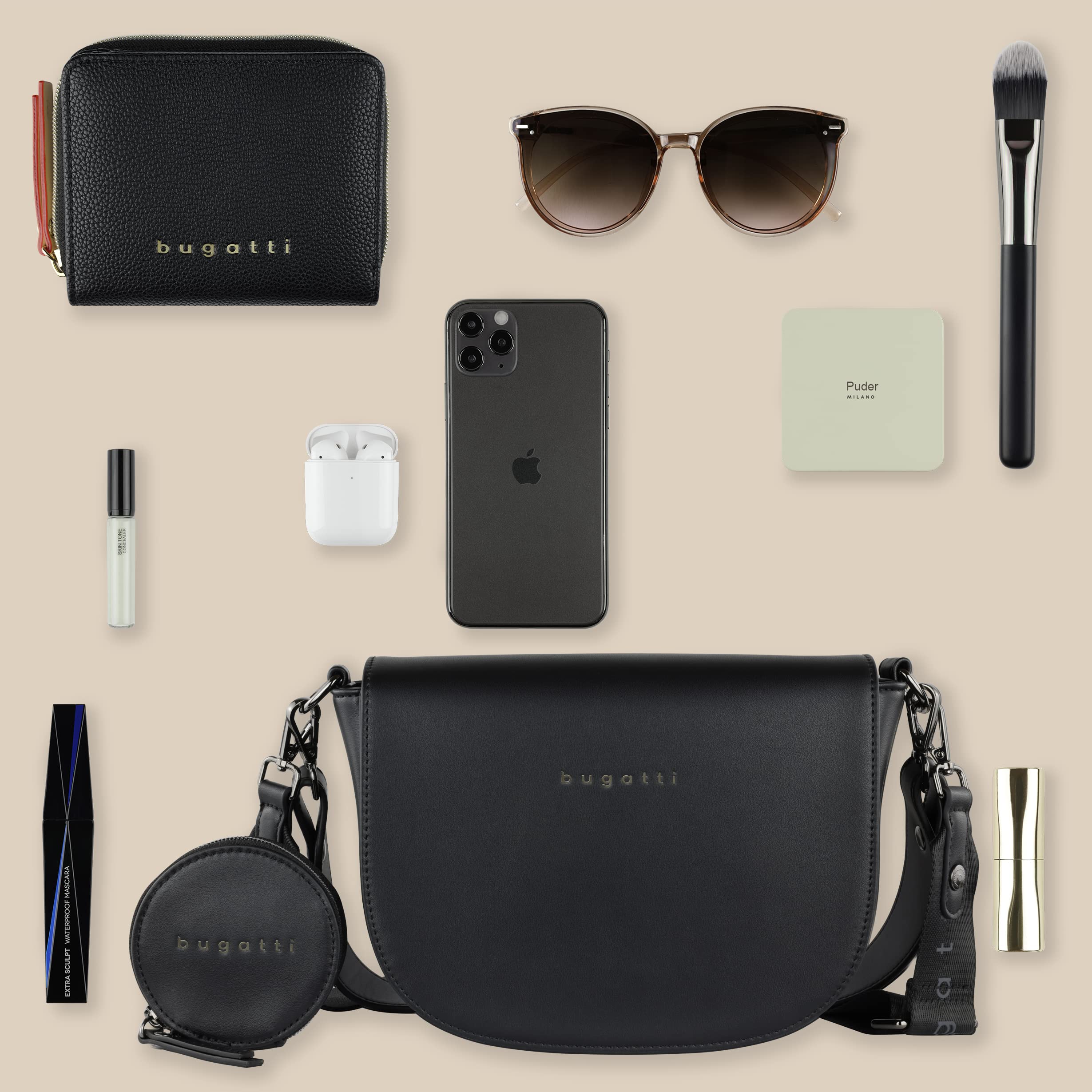 bugatti Almata Schultertasche für Damen, Umhängetasche aus hochwertigem Kunstleder, schwarz