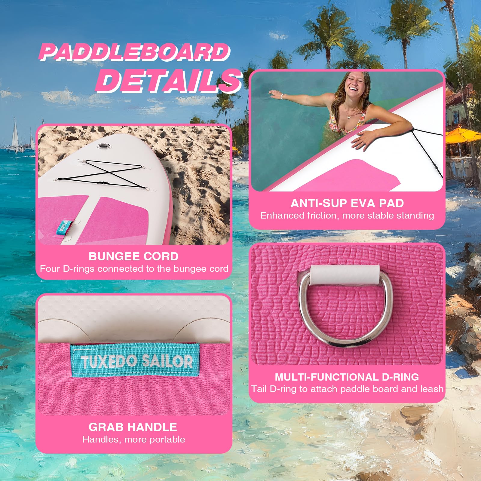 Tuxedo Sailor Tabla de remo inflable plegable para todos los niveles de habilidad, incluye tablas de remo, remo, aletas, mochila, color rosa
