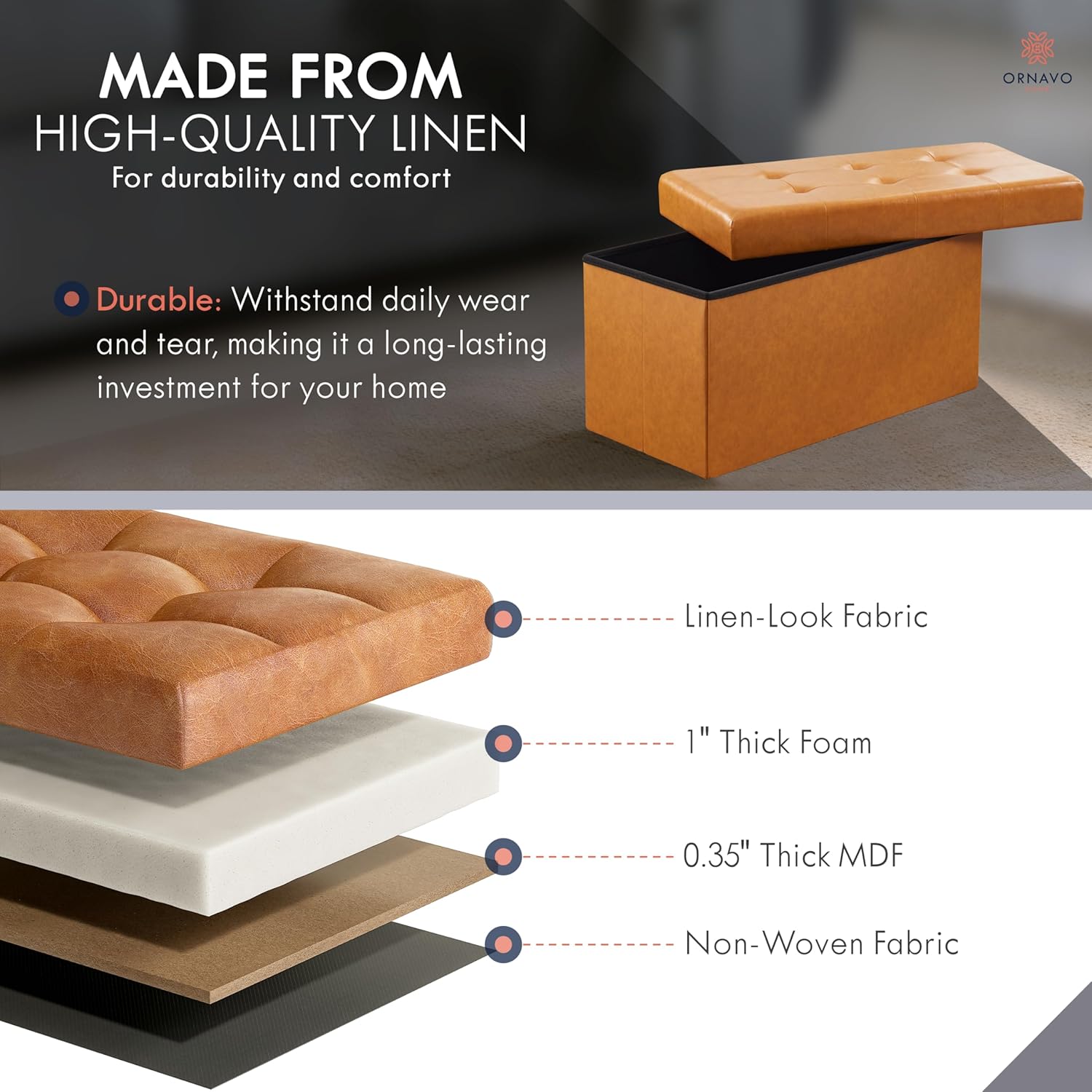 Cognac Faux Leather Tufted Foldable Storage Ottoman Bench