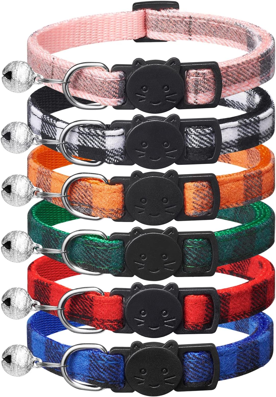 6 Pack Classic Plaid Cat Collars with Bells - Breakaway Kitten Collar and Adj...
