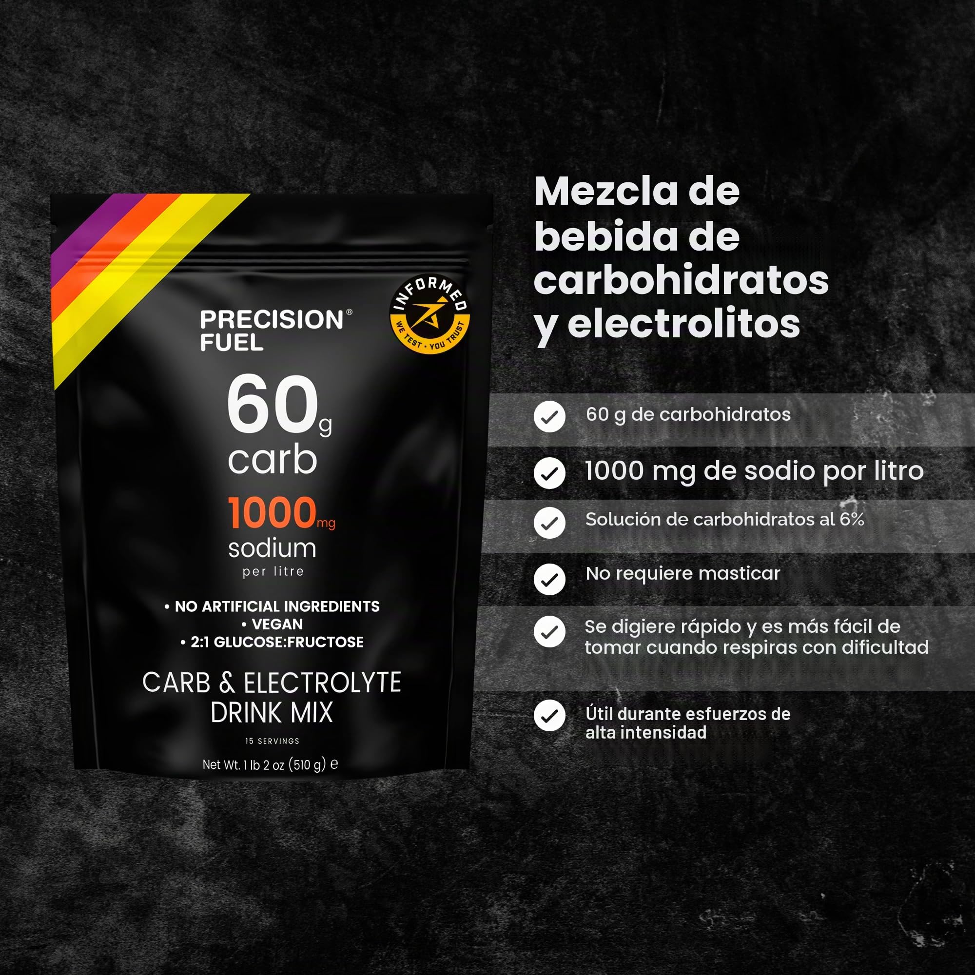 Precision Fuel Carb and Electrolyte Powder Mix - Bebida energética de alto rendimiento, 60 g de carbohidratos y 1000 mg de sodio por litro - para entrenamientos intensos y deportes (paquete de 2)