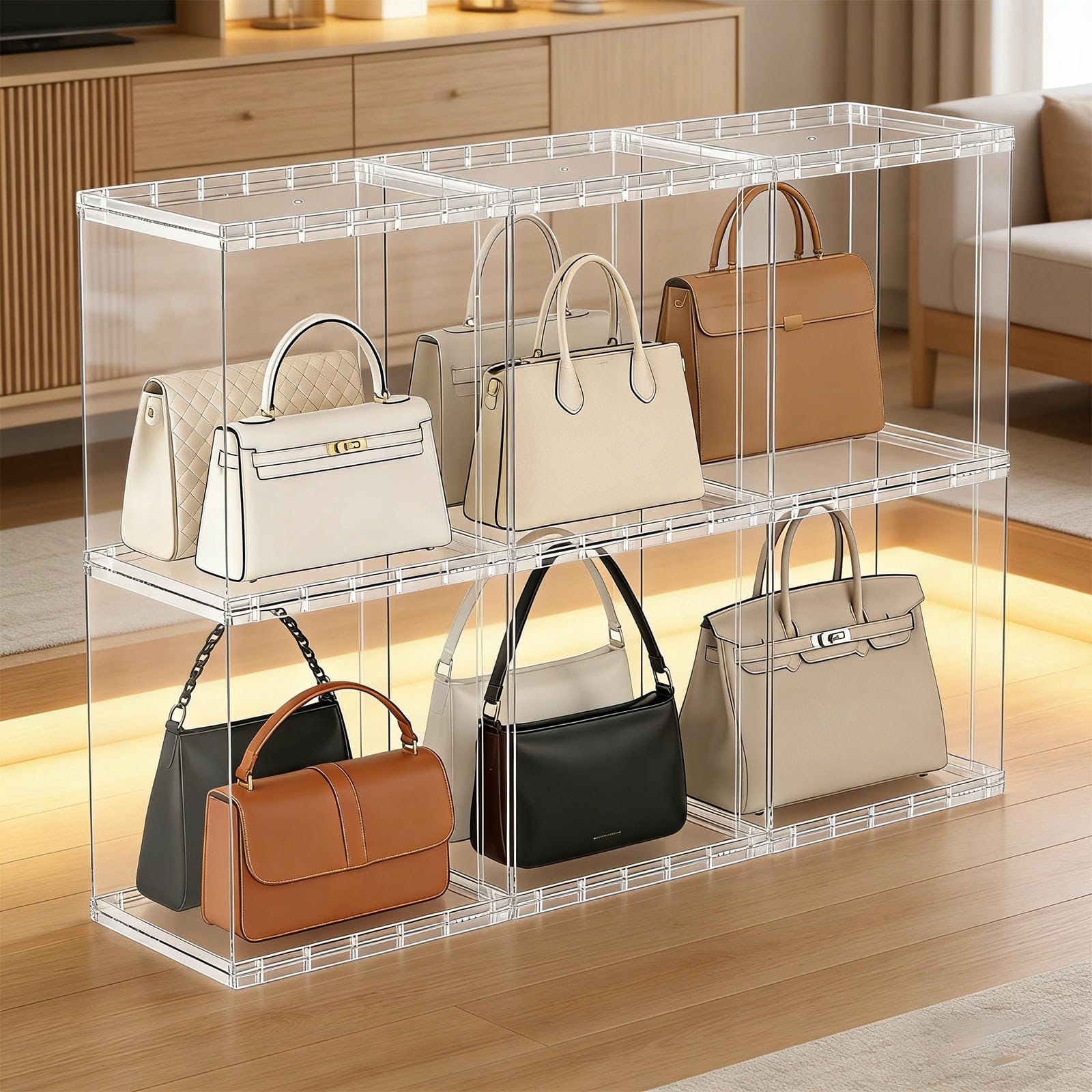 Caja de almacenamiento apilable transparente para guardar bolsos, organizador de bolsas para armario, expositor, bolsa de almacenamiento