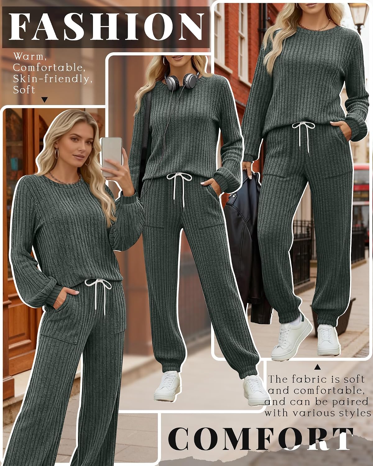 Women's Ribbed Knit Lounge Sets 2 Piece Outfits Long Sleeve Pajamas Set Loungewear Sweatsuits Fall Pjs with Pocket