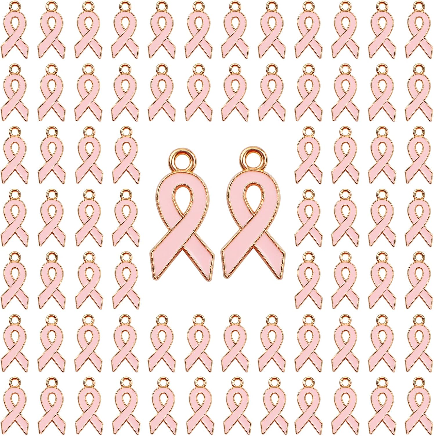 WANDIC 100pcs Pink Ribbon Pendants, Breast Cancer Awareness Charms Alloy Awareness Pink Ribbon Charms Enamel Pin Pendant for Jewelry Making, Metal