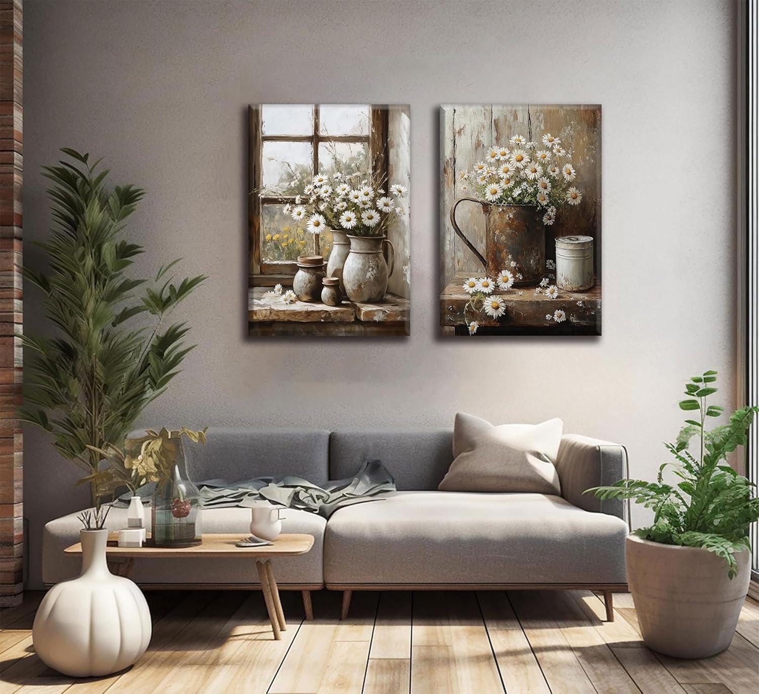 2Pcs Farmhouse Daisy Wall Art Country Bathroom Painting Wall Decor Rustic Daisy Canvas Posters Vintage Farmhouse Flowers Prints Pictures for Bathroom Bedroom Living Room Decor Framed brown 24\"L x 16\"W