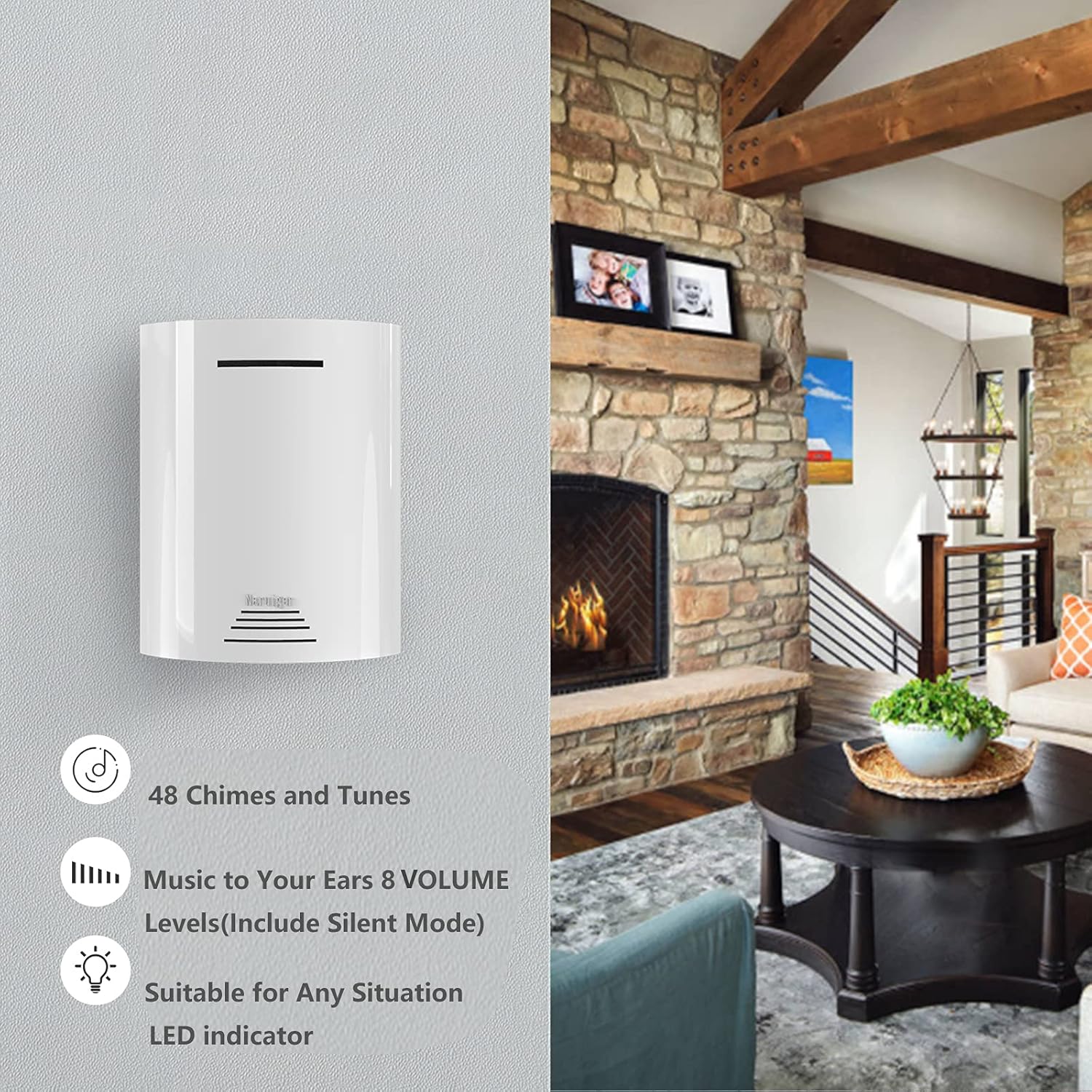 NARUIGER RG-120 White Wireless Doorbell Kit, Door Chime, Waterproof, 48 Ring Chimes with Adjustable Volumes, 1000ft Coverage, included 1 Push button and 1 Receiver - - 