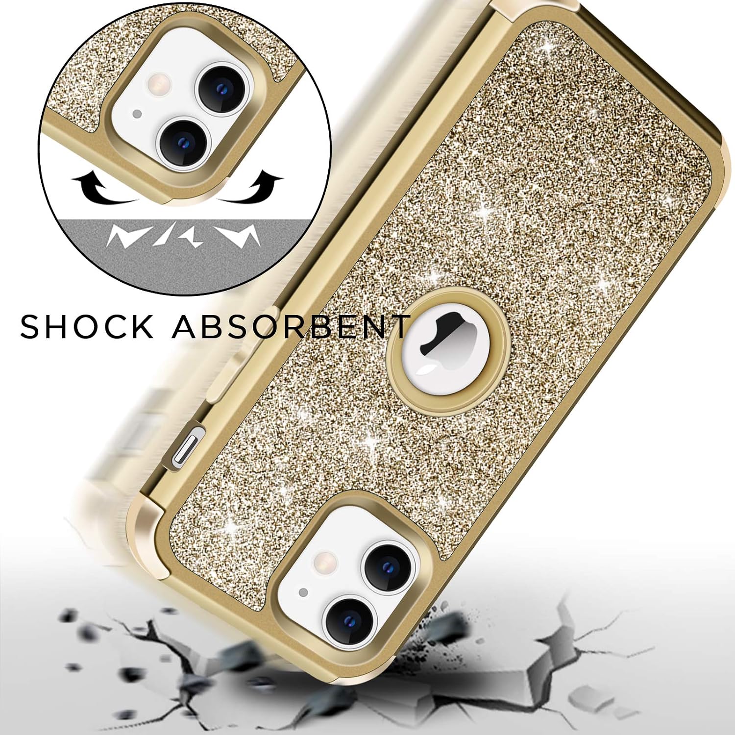 Hython Compatible with iPhone 12/12 Pro Heavy Duty Bling Glitter Sparkle Case, Defender Protective Hard Shell Hybrid Shockproof Rubber Bumper Cover for iPhone 12 and 12 Pro 6.1-inch 2020, Gold