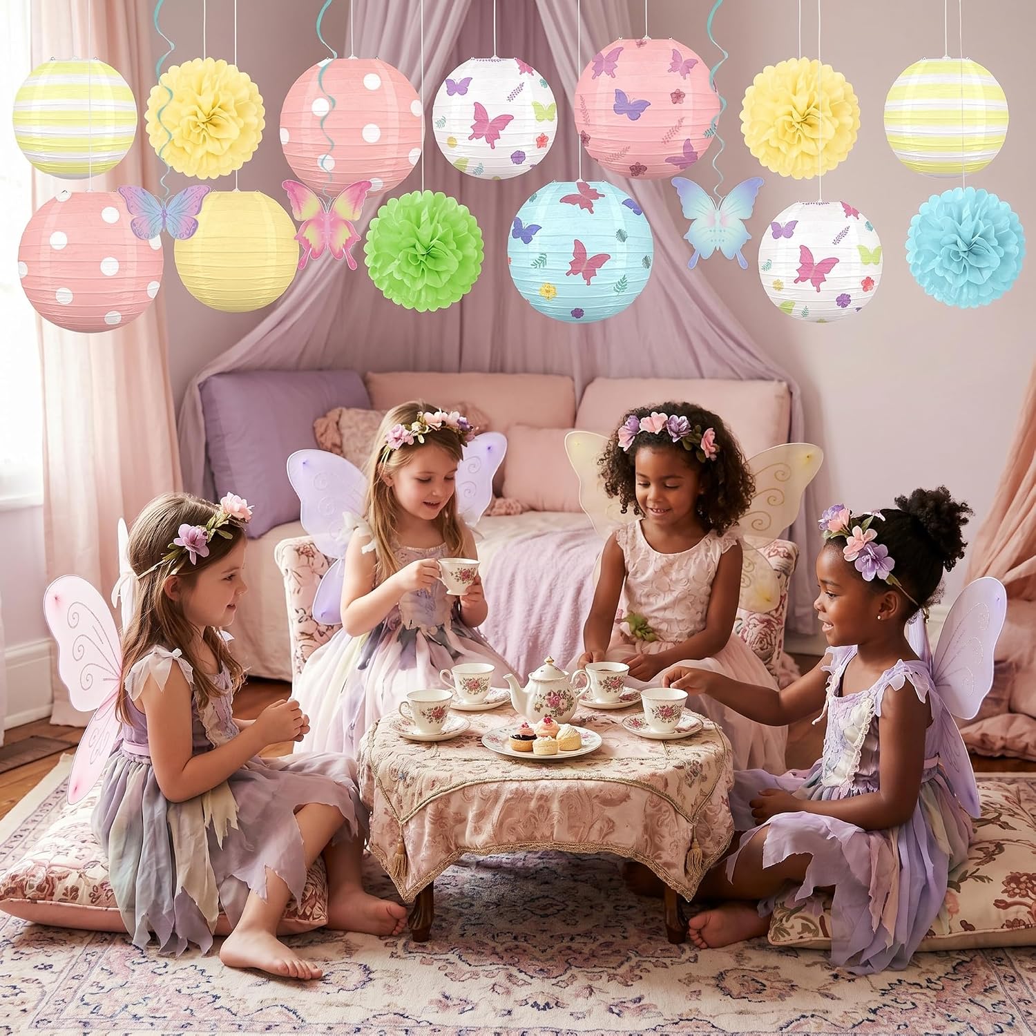 16pcs Pastel Butterfly Paper Lantern Decorations – Floral Spring Hanging Decor for Fairy First Birthday, Garden Party, Floral Centerpieces