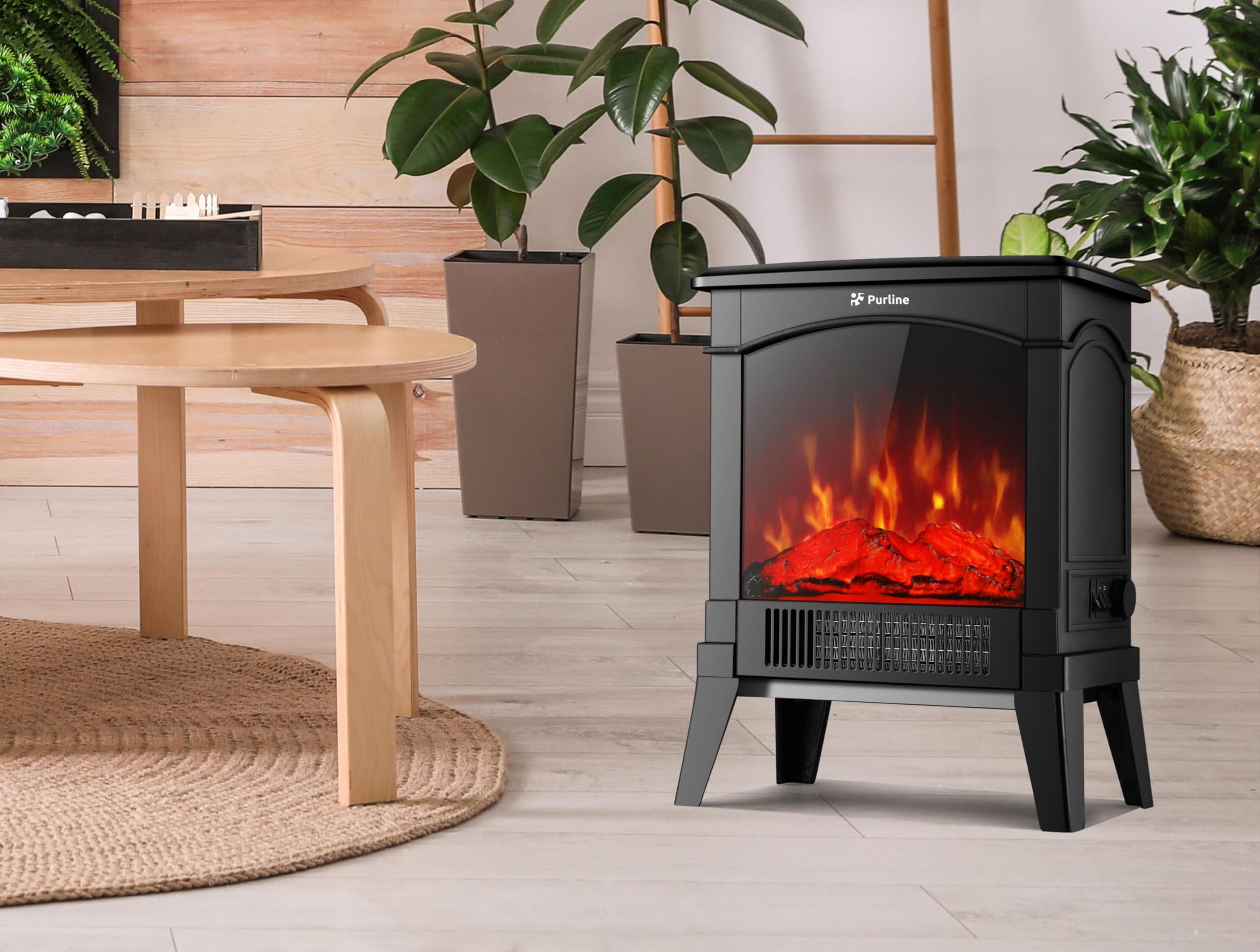 Purline | Camino elettrico da pavimento compatto 1500 W CHE-100 - Camino elettrico, design retrò, con gambe e vetro temperato