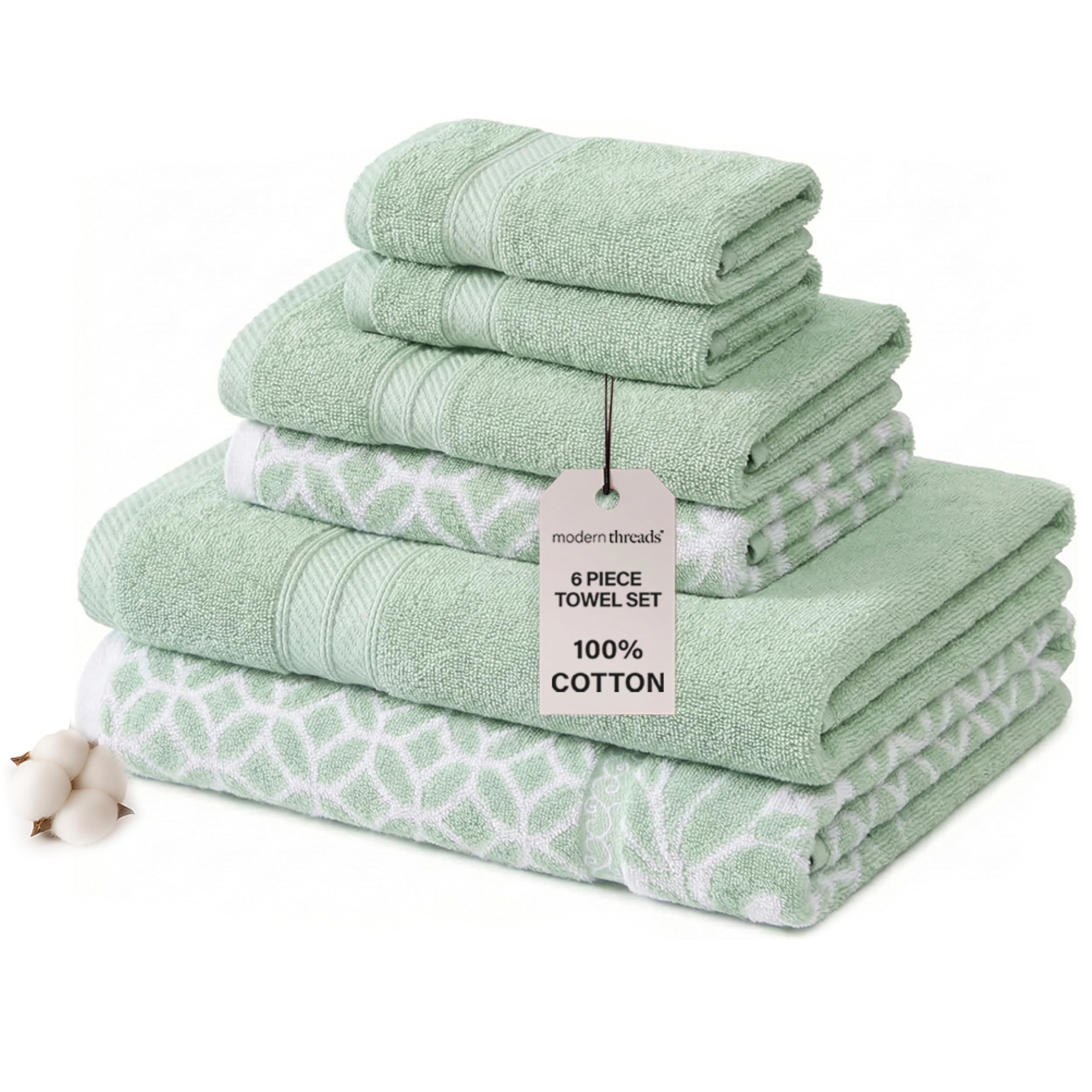 Modern Threads Amrapur Overseas Trefoil Filigree 6-Piece Reversible Yarn Dyed Jacquard Towel Set - Bath Towels, Hand Towels, & Washcloths - Super Absorbent & Quick Dry - 100% Combed Cotton