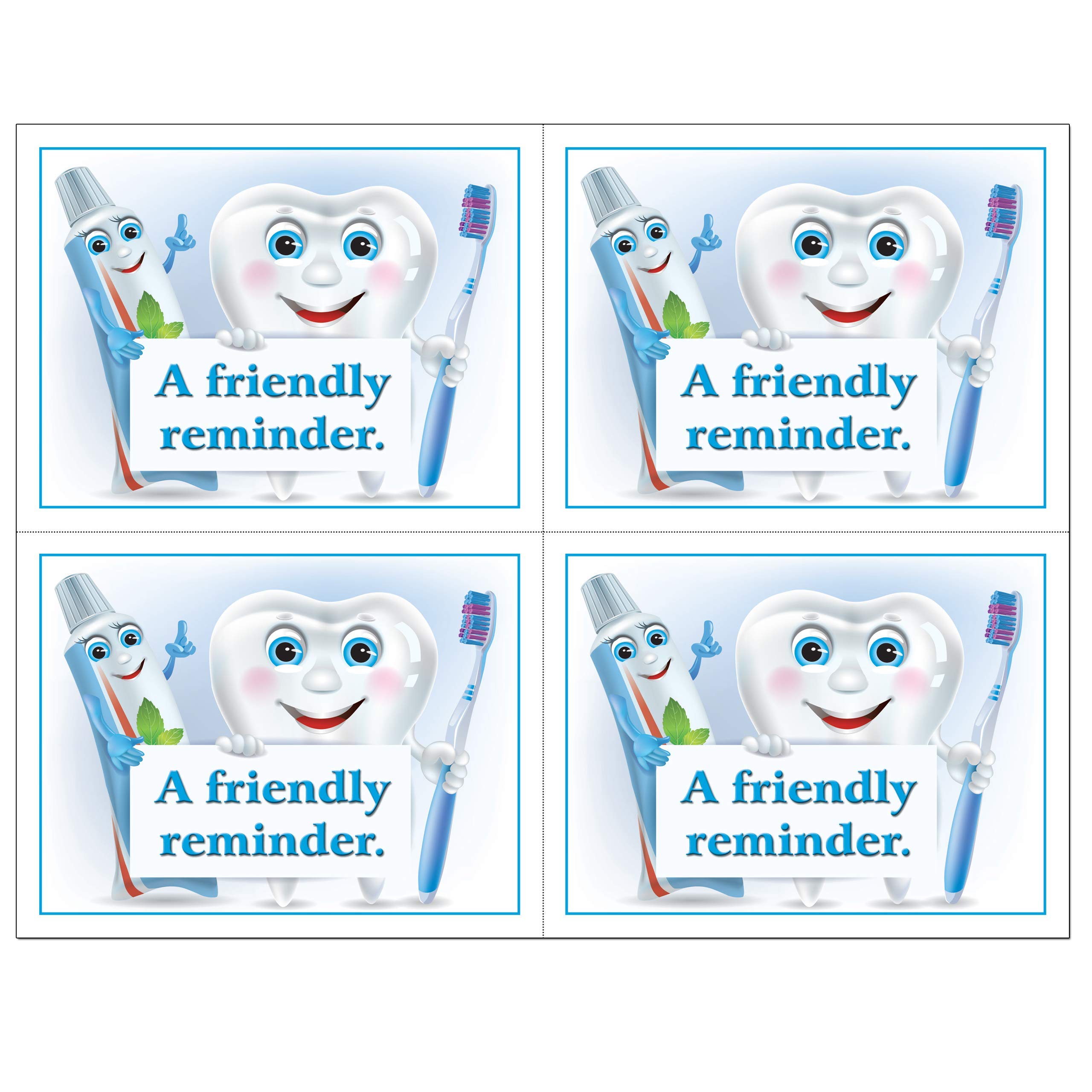 Custom Recall 4 Up Laser Reminder Postcards, Dental Appointment Reminder Postcards. 4 Cards Perforated for Tear-off at 4.25" x 5.5" on an 8.5" x 11"