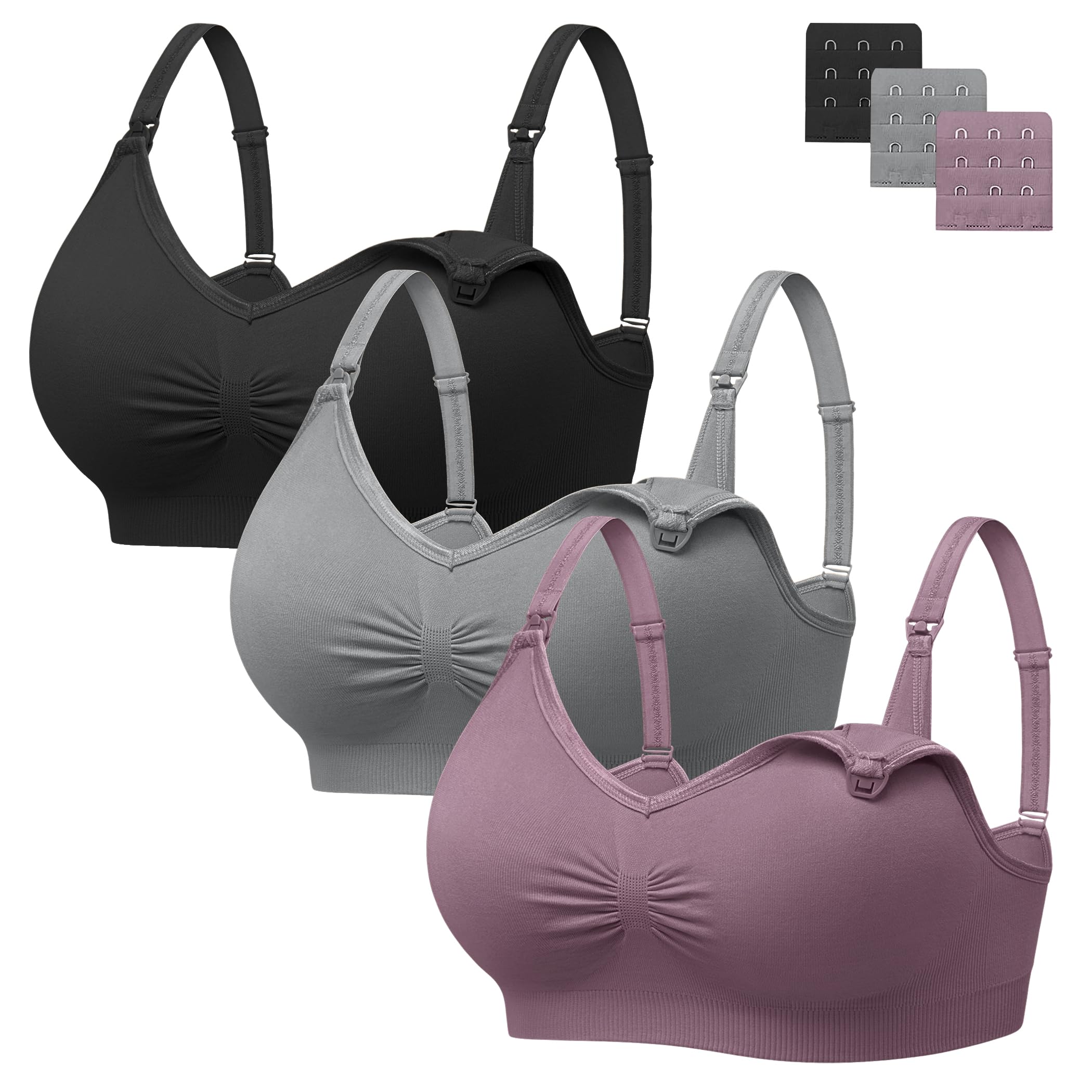 Angelhood Womens Seamless Sleep Nursing Bra,Breastfeeding Maternity Bra with Remove Bra Pads Extenders Pack of 3