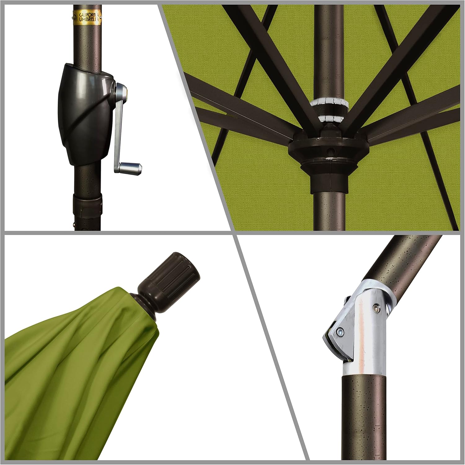 California Umbrella 9' Round Aluminum Market Umbrella, Crank Lift, Push Button Tilt, Bronze Pole, Kiwi Olefin