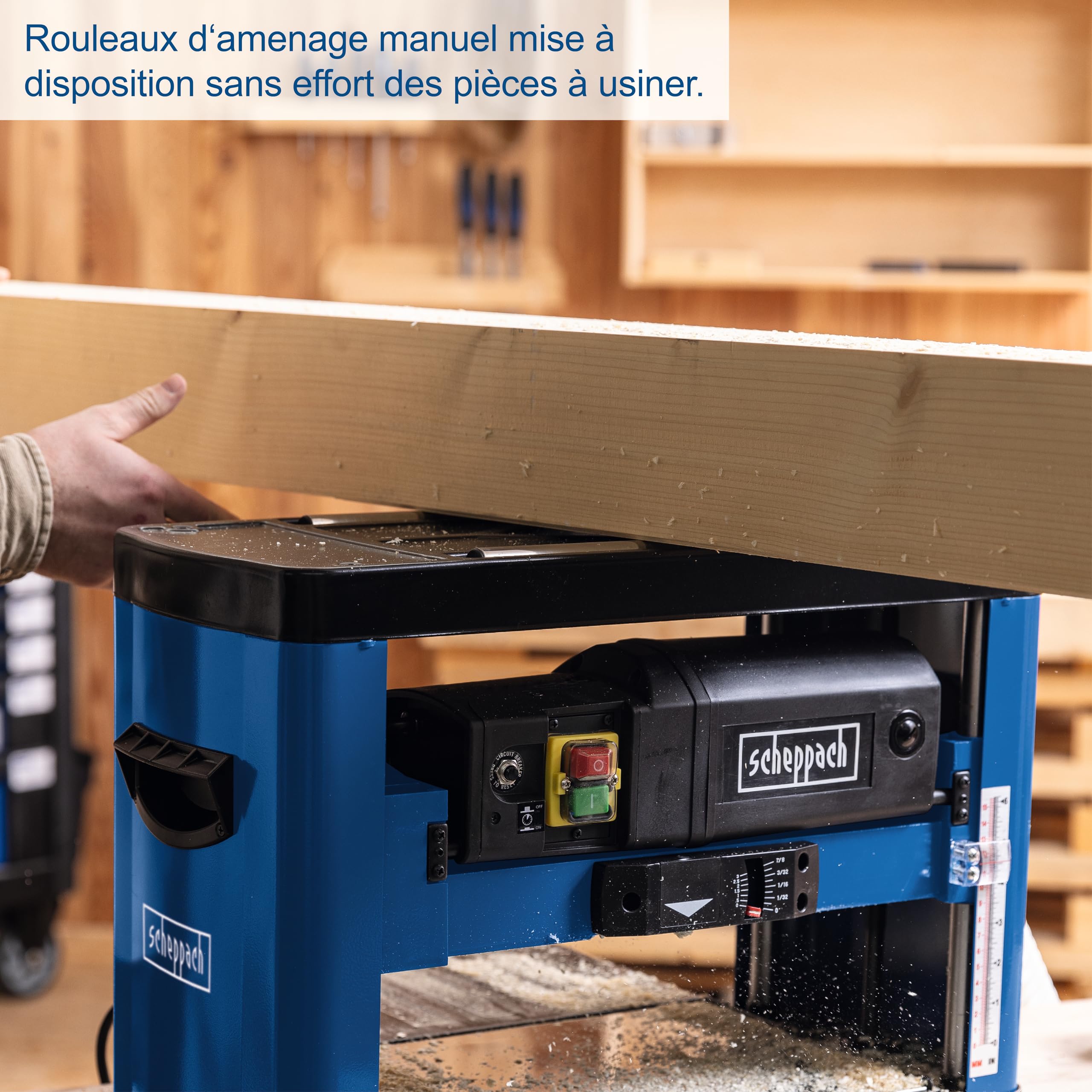 Scheppach Raboteuse PLM1800 | 1500W | Arbre de Rabotage Ø48mm | Vitesse de Rotation de l'arbre de Rabotage 8500 min-1 | Hauteur/largeur de passage : 152 mm / 330 mm | 2 fers en Acier Rapide