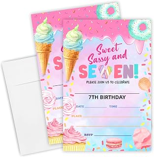 EXW 7th Birthday Invitation Cards With Envelopes, Donuts & Ice cream, 20 Pcs Fill-in Invites Letter, Birthday Party Invitations For Boys & Girls, Party Supplies & Decorations - A03