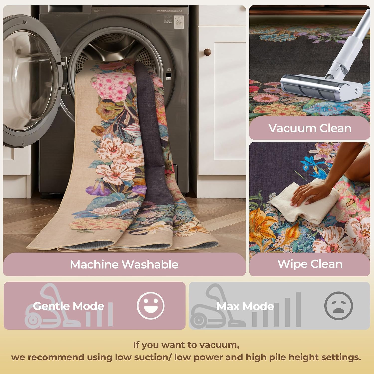 8x10 Floral Area Rug for Living Room Machine Washable Beige Grey Boho Floral Print Carpet Non-Slip Stain Resistant Floor Mat for Bedroom Dining Room Nursery Home Office Decor