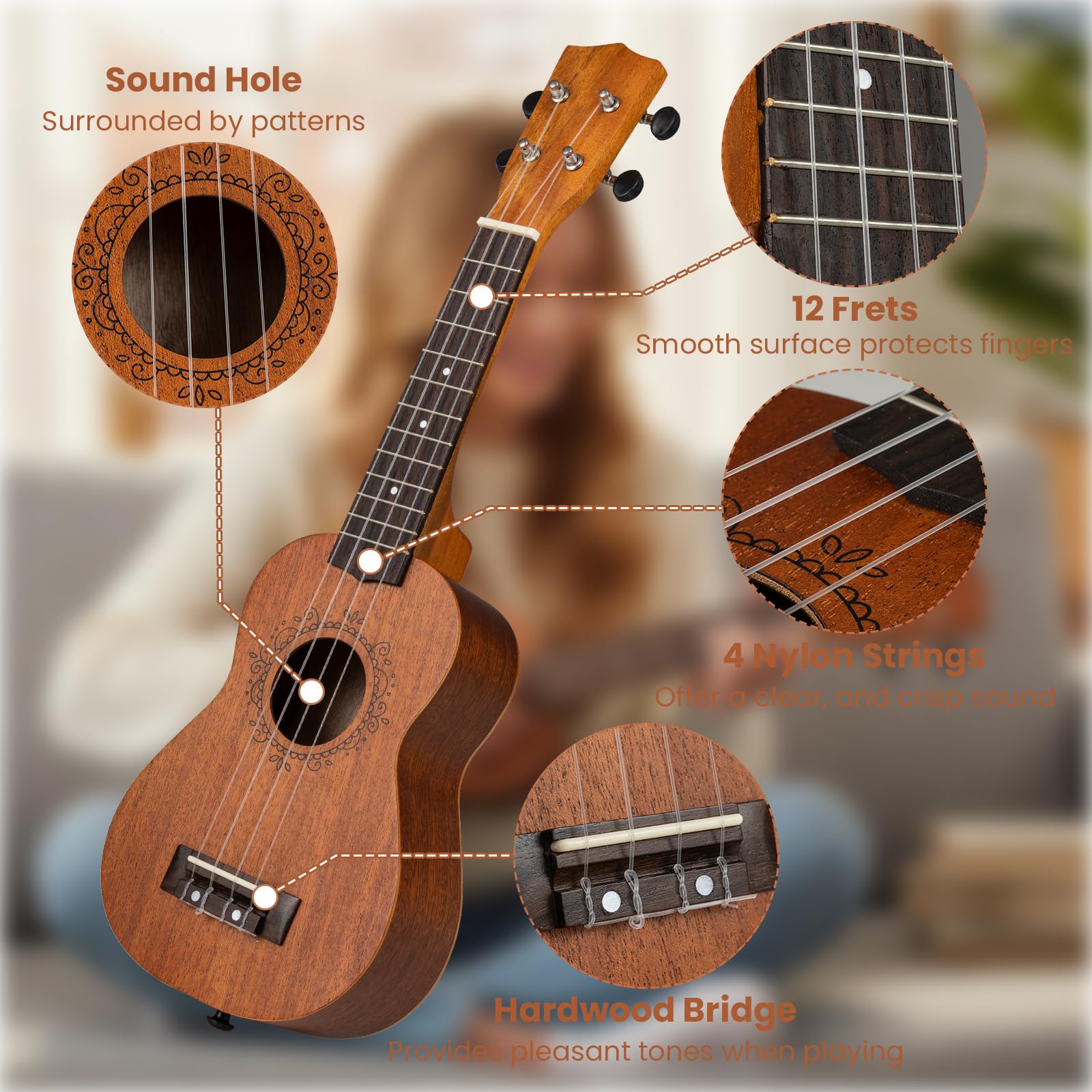 KOMFOTTEU Ukulele da 21 pollici in legno di mogano, set ukulele con tracolla regolabile, set chitarra con plettro e corde in nylon, borsa da trasporto, strumenti musicali per adulti e bambini