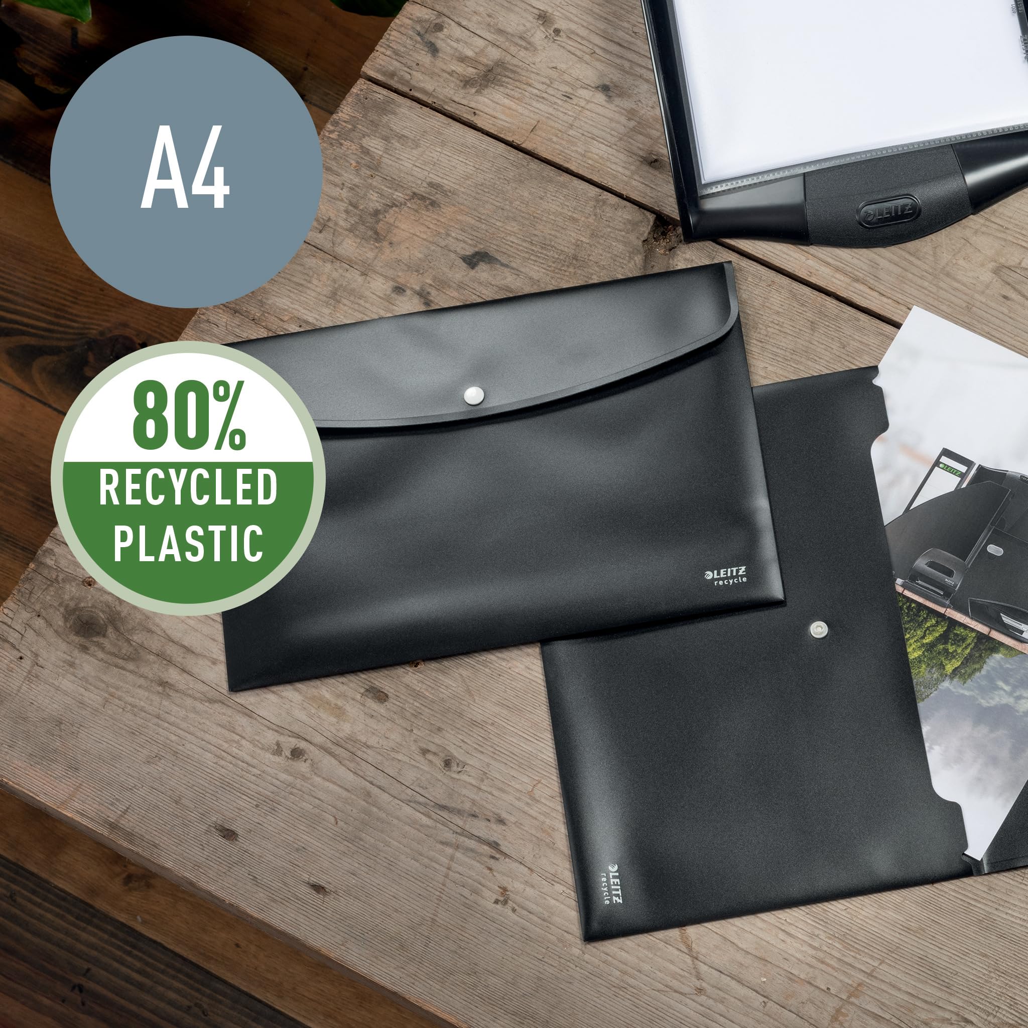 Leitz Sobre para Documentos A4 con Solapa de Cierre, Capacidad para 60 Hojas, 100% Reciclable, Plástico Opaco, Respetuoso con el Medio Ambiente, Gama Recycle, Negro, 46780095