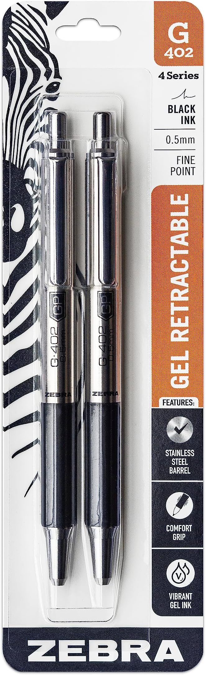 Zebra Pen G402 Bolígrafo de gel retráctil de acero inoxidable, punta