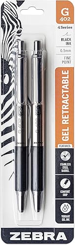 Zebra Pen G-402 Bolígrafo de gel retráctil, barril de acero inoxidable, punta fina, 0.020 in, tinta negra, paquete de 2