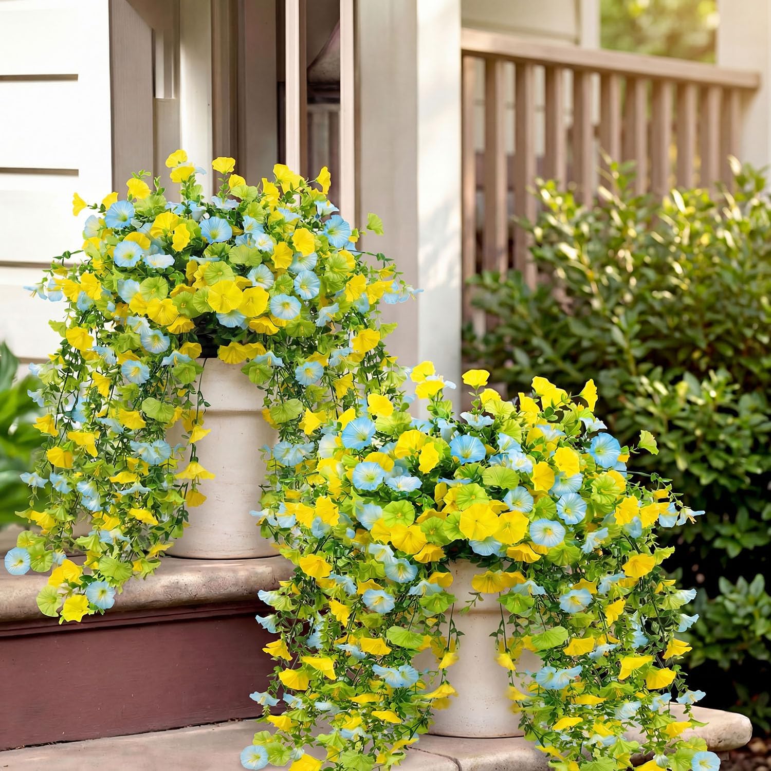 Artificial Hanging Flowers for Outdoors Spring Summer Decor, 4 Bundles UV Resistant Colorful Silk Faux Morning Glory for Outdoor Planters, Garden, Front Porch, Patio, Yard Decor(Yellow Blue Green)