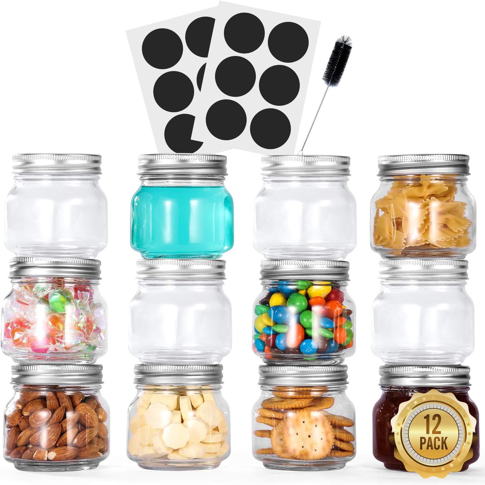 Glotoch Mason Jars 8 OZ with Lids and Bands, 12 Pack Regular Mouth Jelly Jars Bulk, Canning Jars for Jam/Honey/Spice with 1 Brush and 12 Chalkboard Labels
