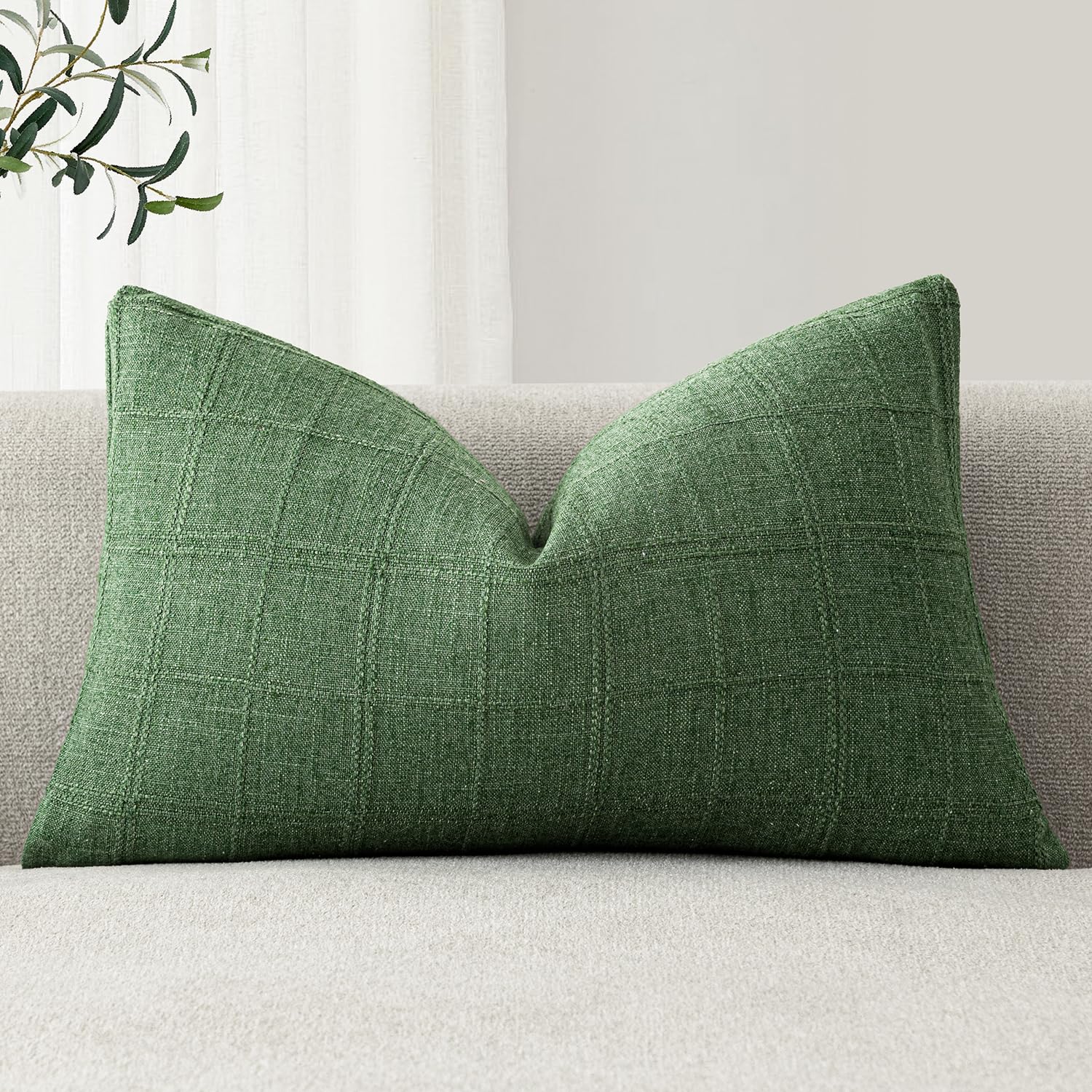 Foindtower Set of 1 Decorative Linen Check Throw Pillow Cover Neutral Farmhouse Lumbar Cushion Cover Modern Boho Accent Home Decor for Sofa Chair Couch Bedroom Living Room,12×24 Inch,Forest Green