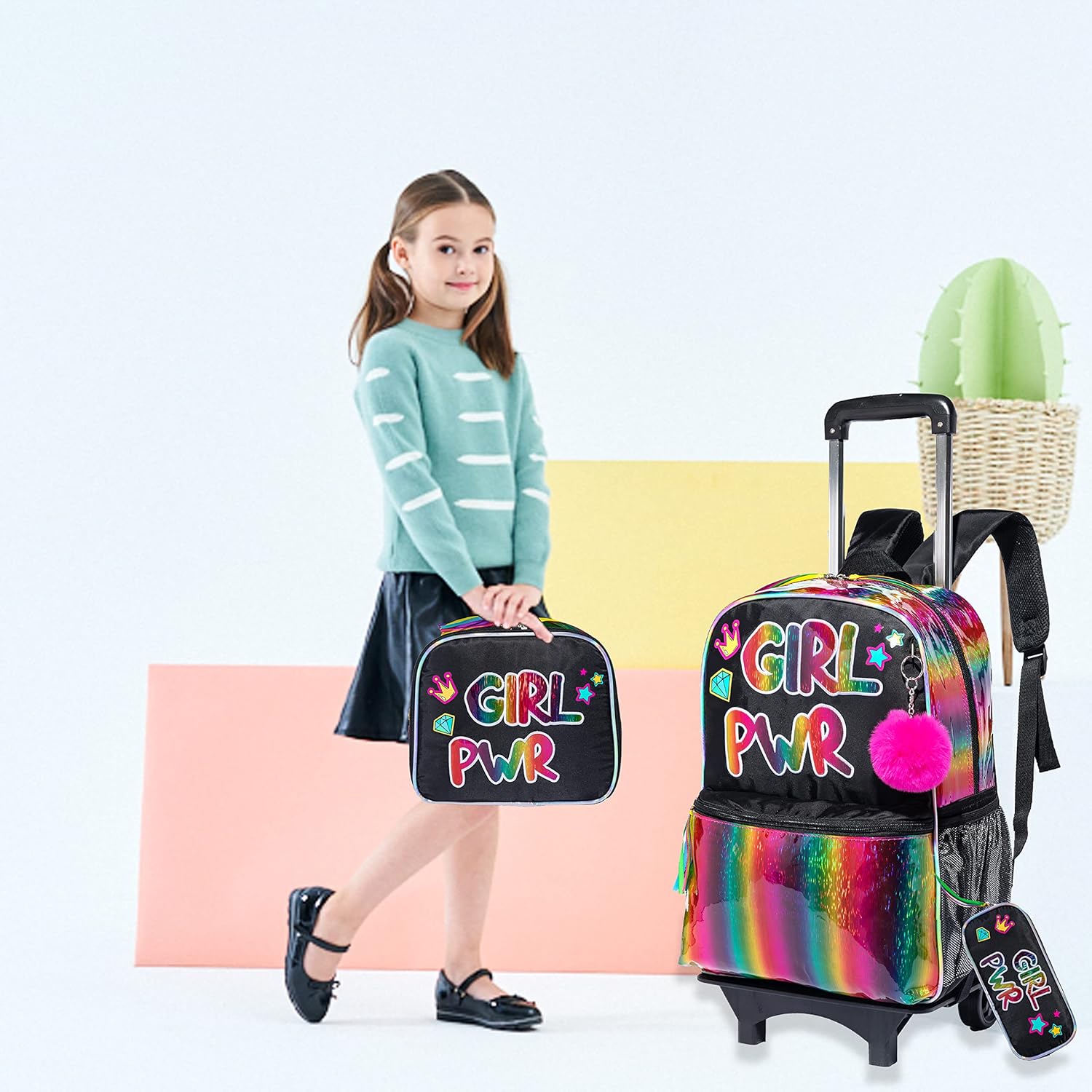 Egchescebo kids Rolling Kid Travel Toddler Duffle Bag Detachable Backpack for Girls Carry on Luggage Roller Computer Suitcase with Pencil Case and Lunch Box Wheels Wheeled Backpacks Girls Black