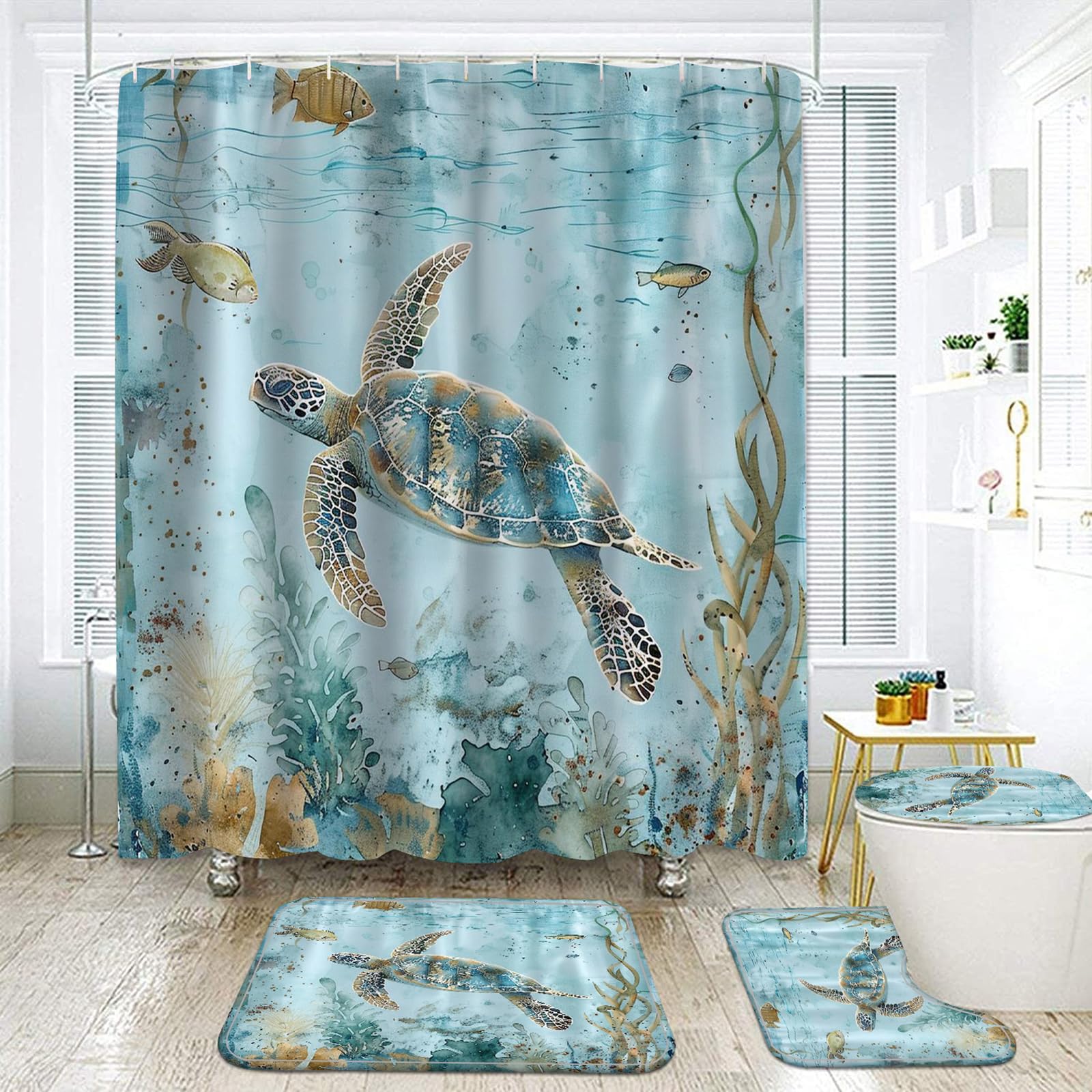 Newsuyaa N2 4 Piece Sea Turtle Shower Curtain Bathroom Set, Teal Underwater Seaweed Seashell Shower Curtain With Bath Rugs Toilet Seat Cover, Marine Animals Teal Ocean Shower Curtains With Hooks (N2)