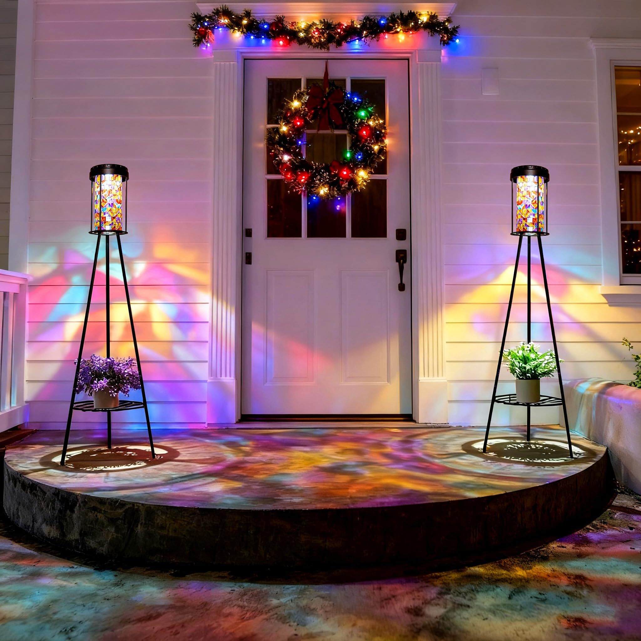 Outdoor Lamps for Patio 2 Pack, Outdoor Floor Lamp with Plant Stand, Solar Powered RGB Outdoor Lights, Waterproof Standing Lamp for Garden Yard Décor,