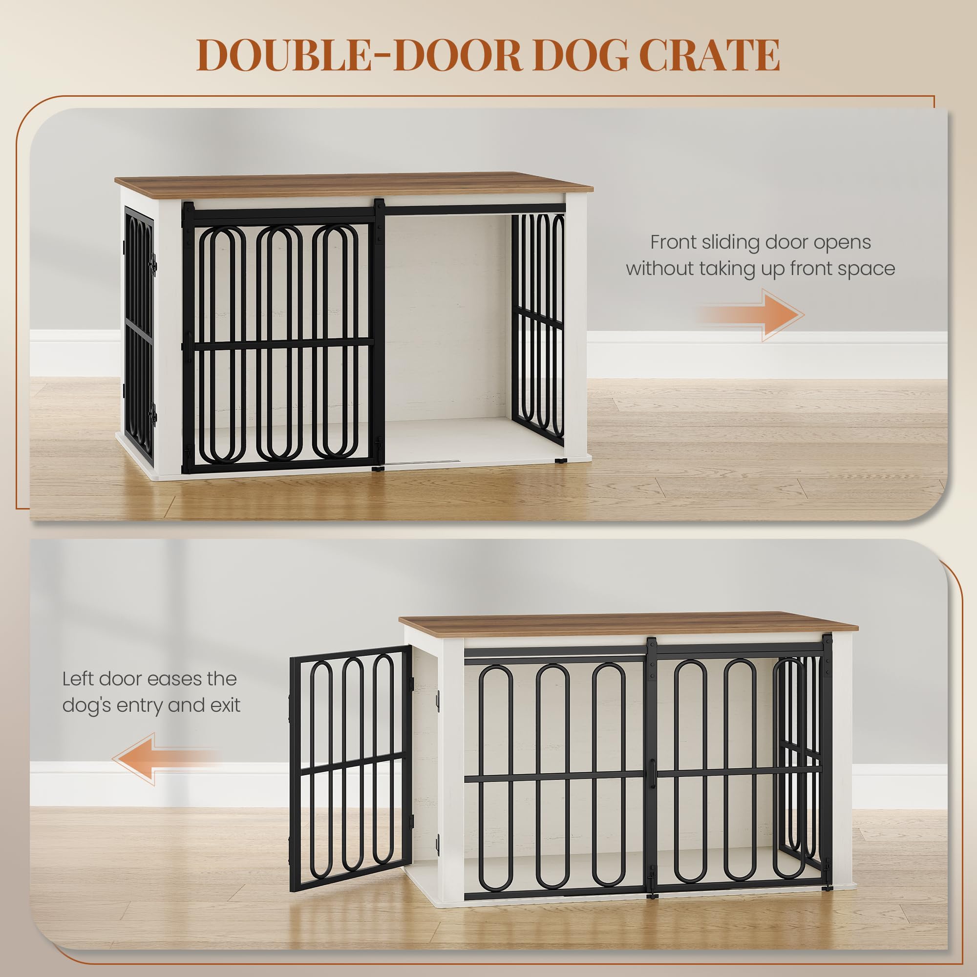 HEXCELEN Jaula para Perros Mueble de Madera, 100 × 60 × 62,4 cm, 2 Puertas, para Interiores, Jaula Resistente para Perro, Mesa Auxiliar, Blanco Marrón, para Perros Pequeños y Medianos, Moderna