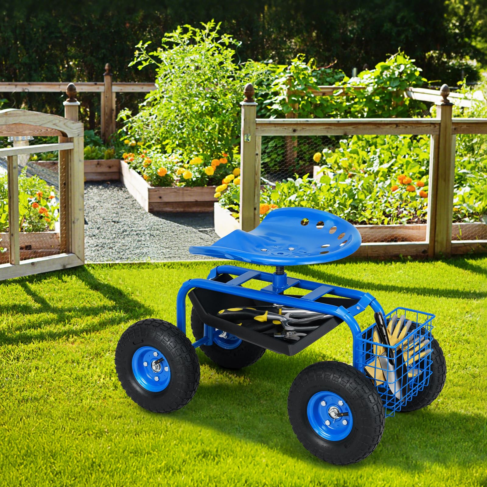 RELAX4LIFE Chariot de Jardinage Roulant, Siège Roulant avec Hauteur Réglable et Pivotant à 360°, Plateau à Outils, Panier de Rangement, Siège de Jardin avec Roues, pour Pelouse Jardin (Bleu)