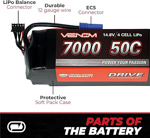 Miniatura 4 de Venom Power Drive Series 50C 4S 7000mAh 14.8V LiPo RC - Conector de cable de silicona suave de 12 AWG, enchufeadaptador universal - Compatible con