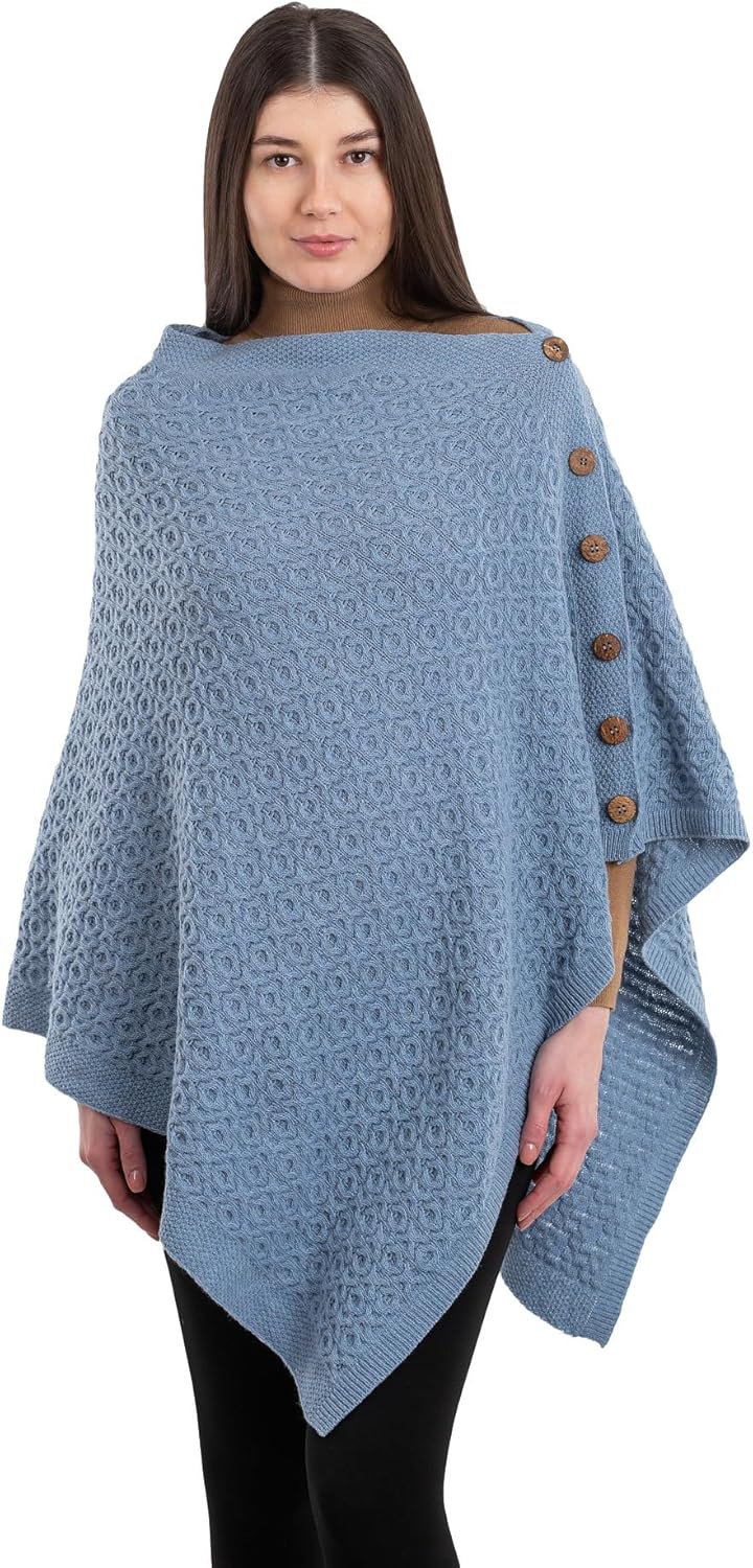 SAOL Wool Blend Poncho for Ladies with Buttons V-Neck Adjustuble Shawl Scarf