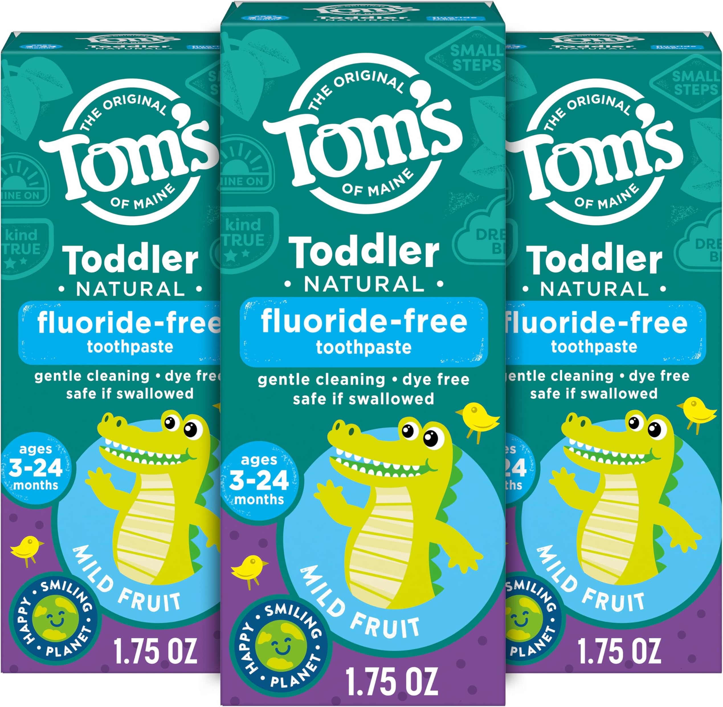 Tom's of Maine Fluoride-Free Toddler Training Toothpaste, Mild Fruit, 1.75 oz. 3-Pack (Packaging May Vary)